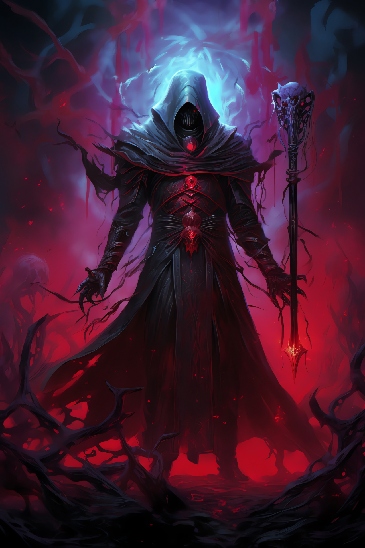 Menacing game Necromancer, Named Malachi, Intense crimson stare, Towering game character, Dominant stance, HD Phone Wallpaper