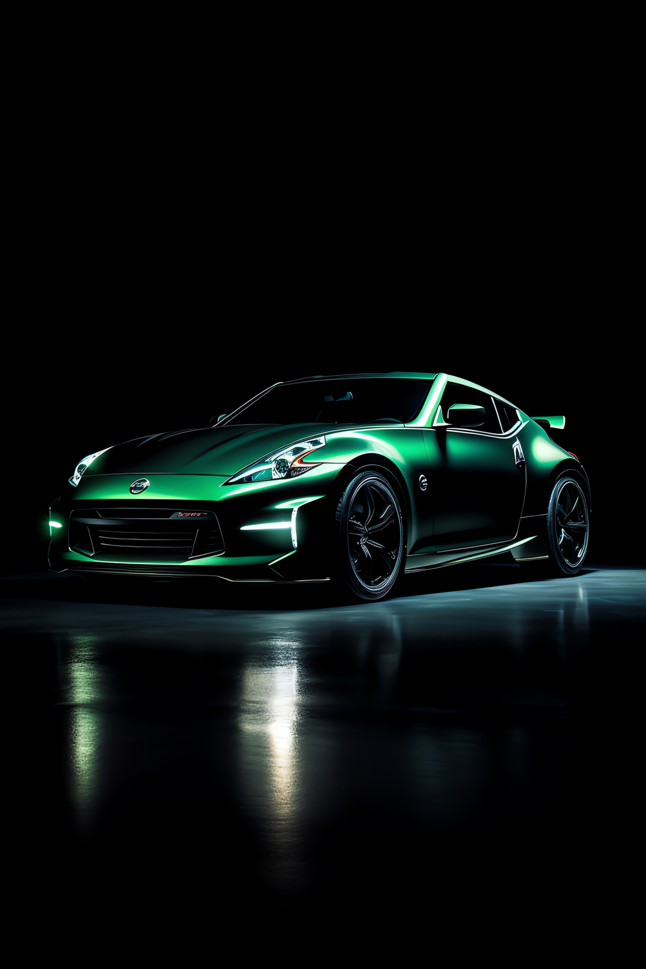 Vibrant green Nissan 370Z, Wide angle car display, Solid backdrop contrast, Illuminated glowing lines, Automotive allure, HD Phone Image