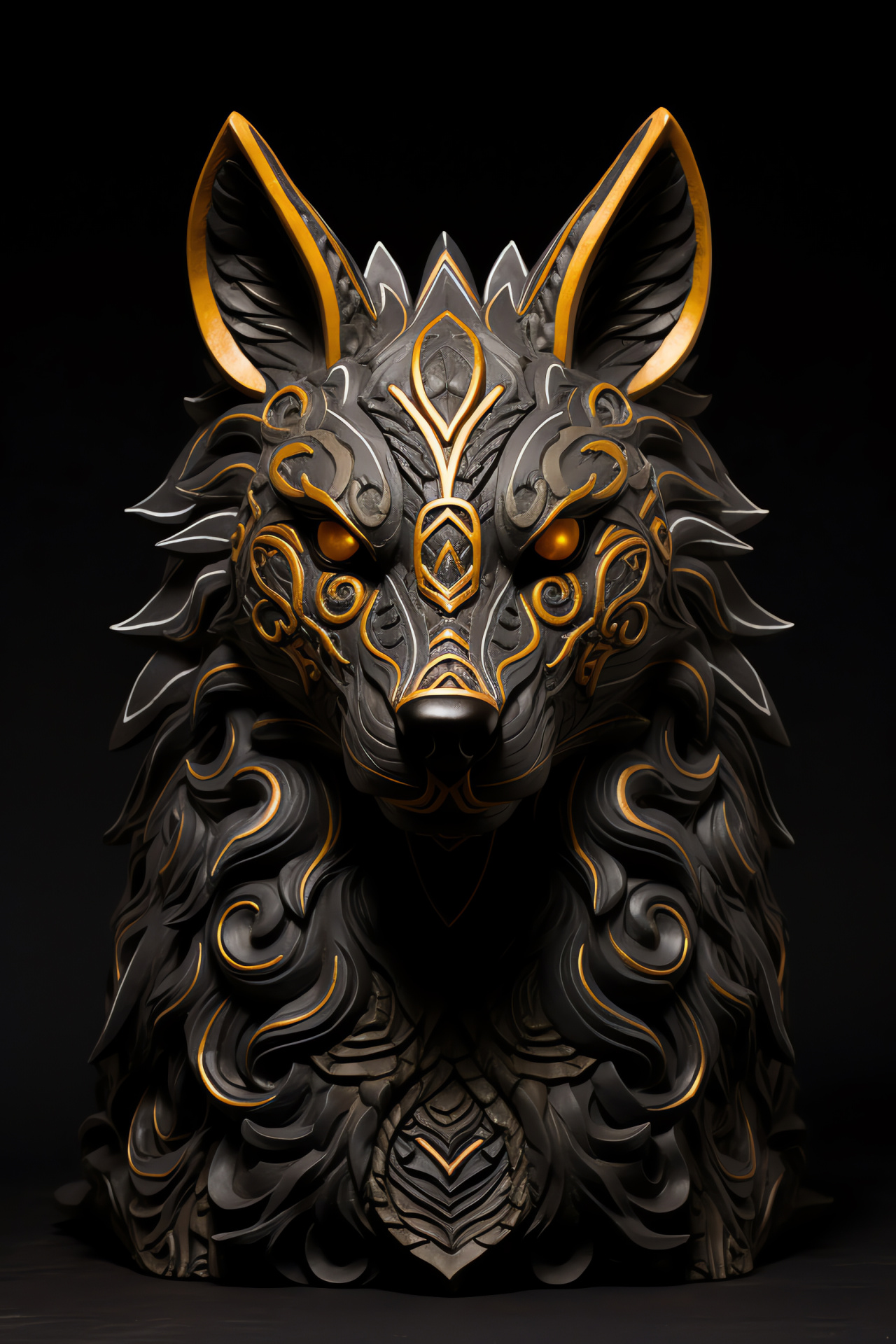 Tribal wolf design, Canine with amber stare, Nocturnal animal, Ornate tribal background, HD Phone Image