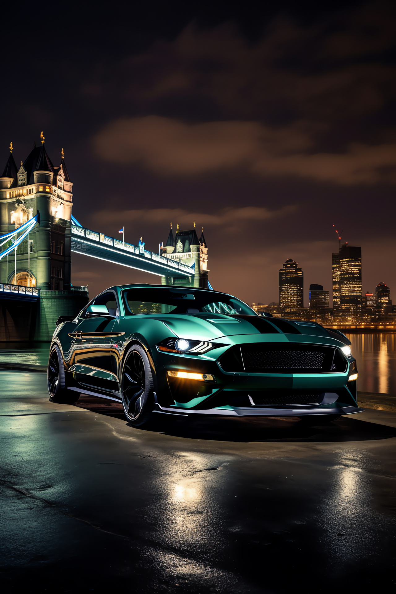 Bullitt Edition Mustang, Iconic London landmarks, Classic muscle appeal, Broad urban vista, Thames riverside, HD Phone Wallpaper