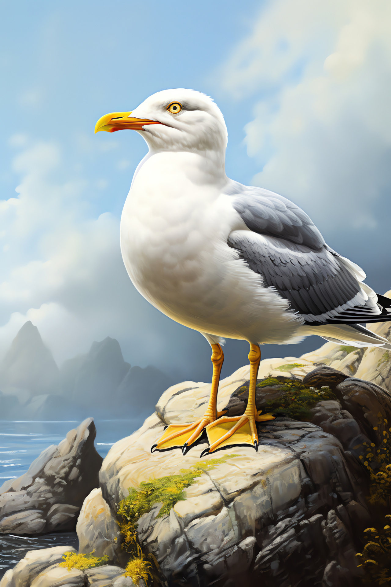 Majestic seagull stance, rocky coastal resident, avian beachside presence, powerful bird posture, rugged nature scene, HD Phone Wallpaper