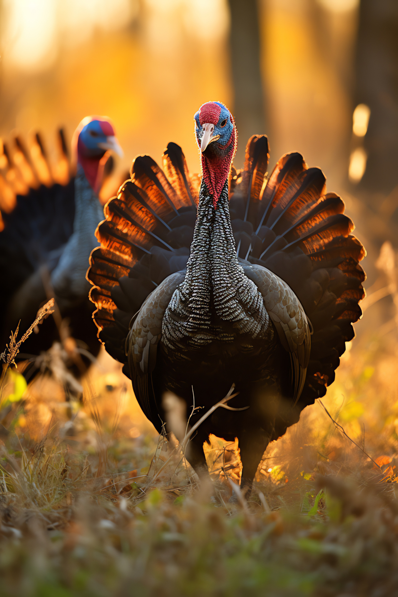 Strutting Turkey, Autumn wildlife, Turkey display, Wooded areas, Bird behavior, HD Phone Image