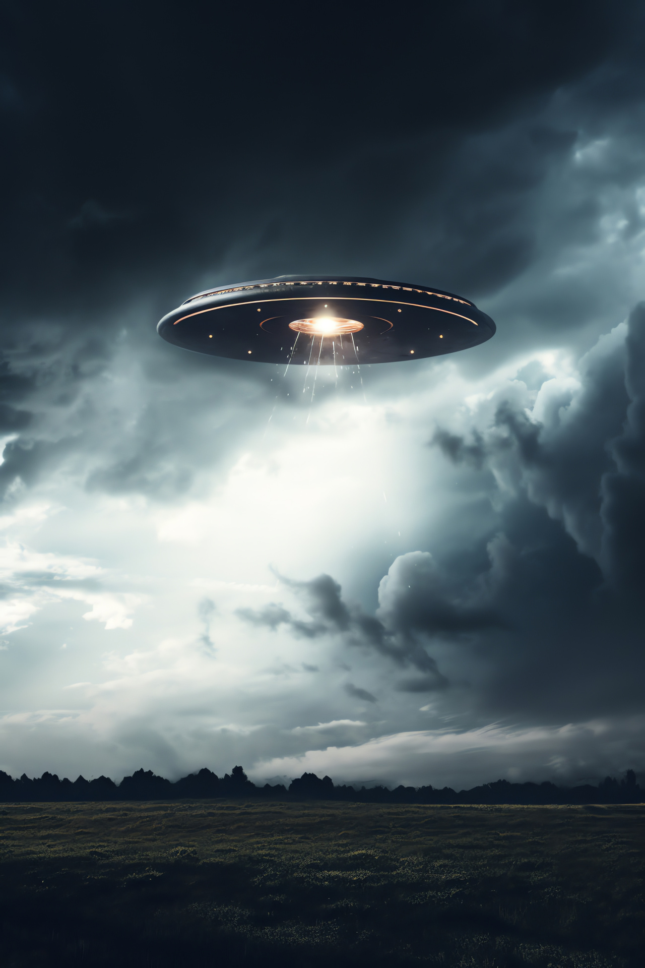 UFO atmospheric flight, Tempest environment, Electrical storm backdrop, Aerodynamic design, Alien vessel, HD Phone Wallpaper