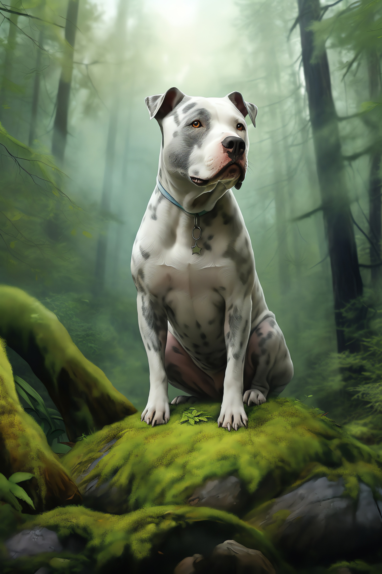 Thoughtful Pitbull, forest boulder perch, contrasting coat, canopy shelter, canine wisdom, HD Phone Image