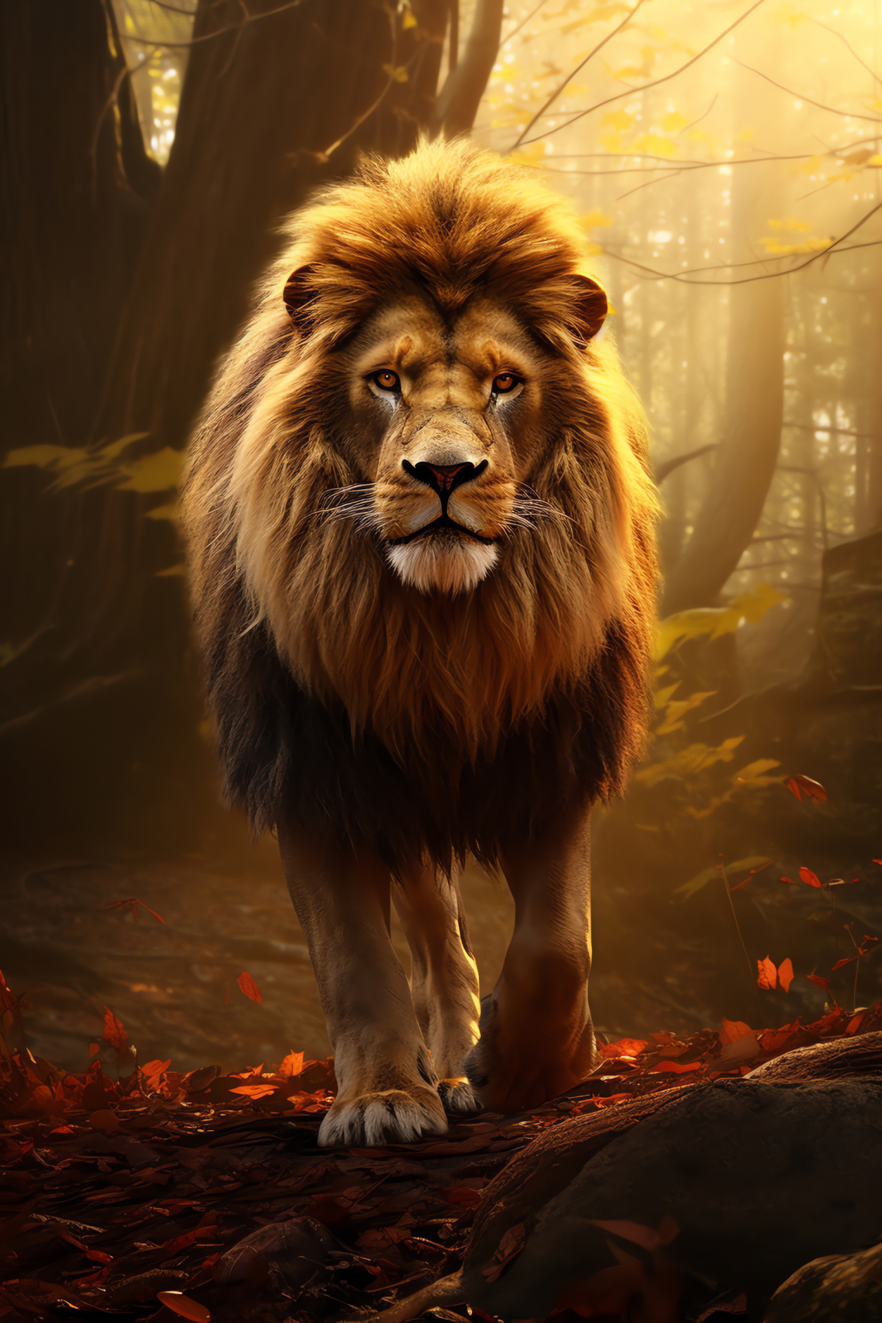 Lion King of Narnia, Mythical creature Aslan, Magical woodland realm, Shimmering animal fur, Fantasy cine, HD Phone Image