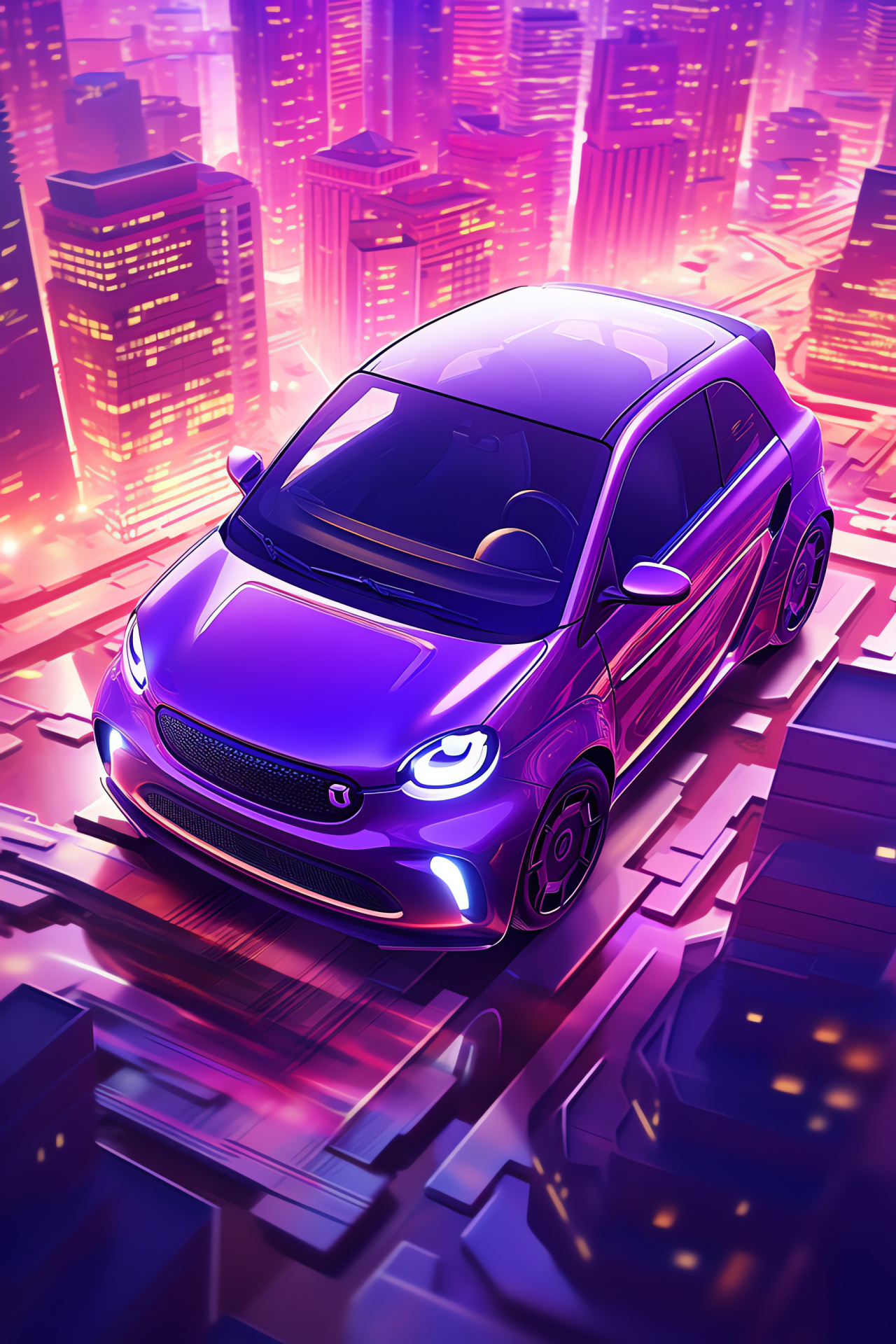 Smart Car ForFour Electric Drive, Eco-friendly vehicle, Urban skyline future, Compact car innovation, Vibrant purple finish, HD Phone Image