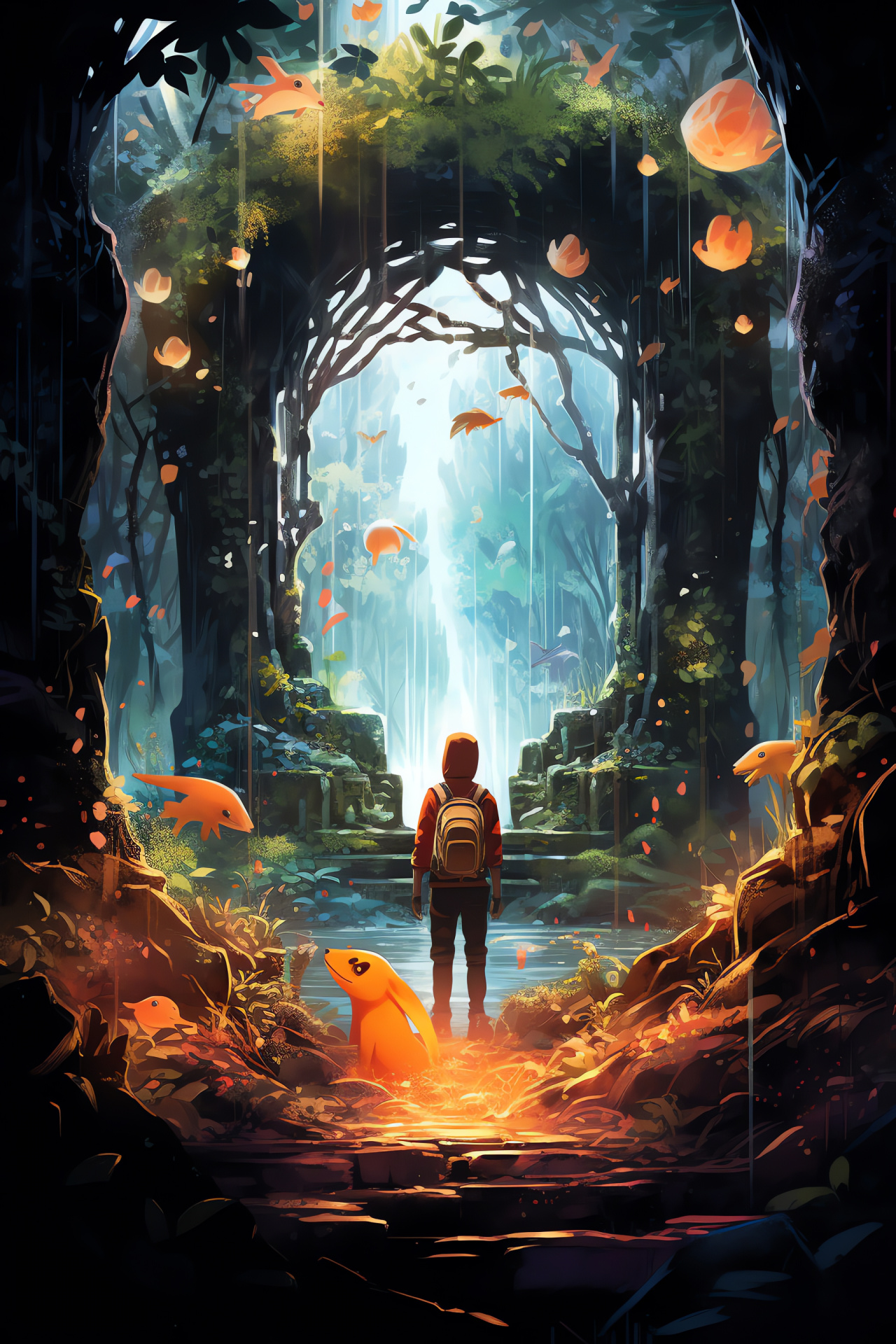 Pokemon Go scene, Mobile trainer, Charmander art, Virtual rendition, Historic setting, HD Phone Wallpaper