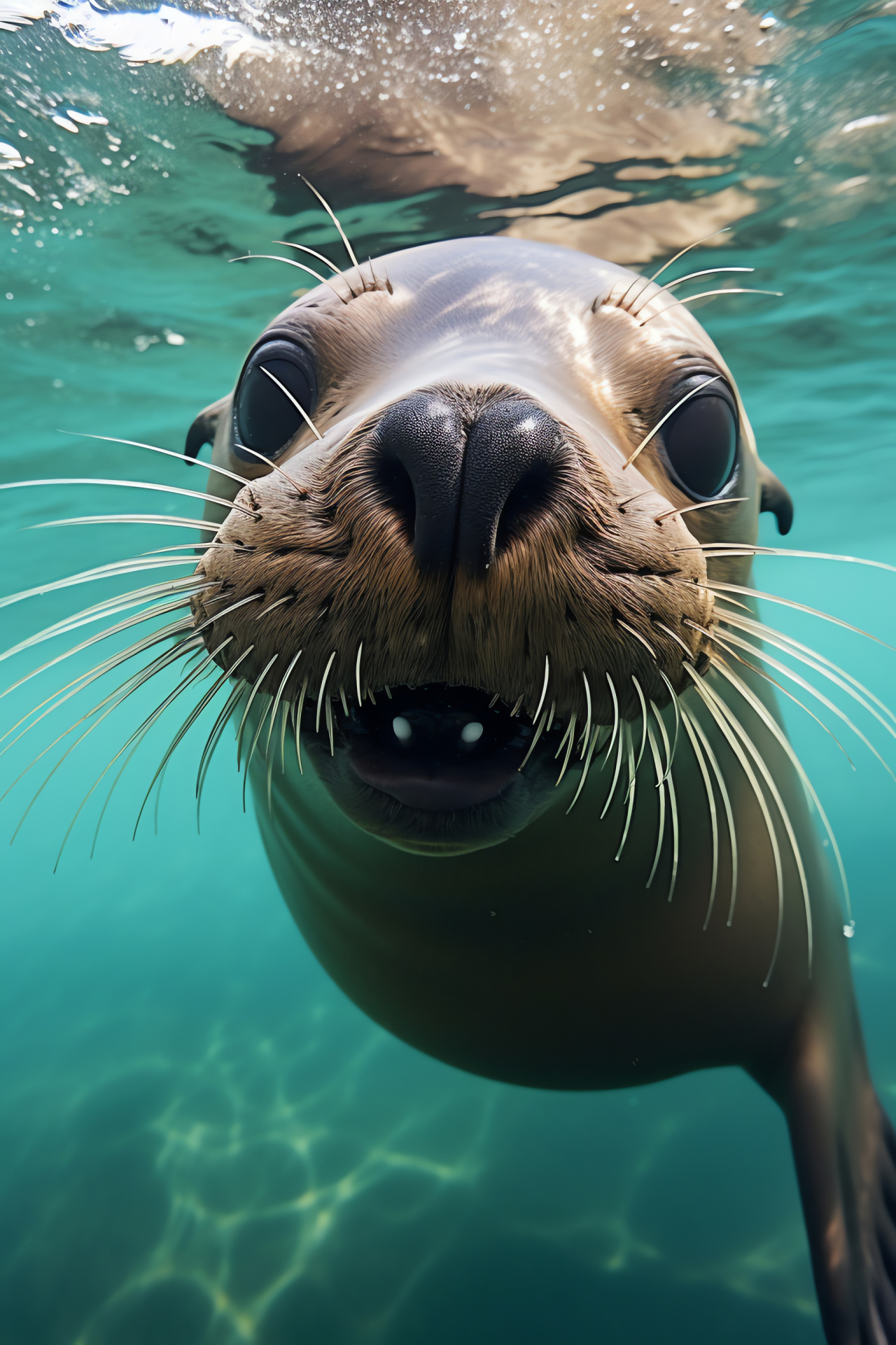 Adult male sea lion, dark brown mammal, expressive eyes, coastal habitat, marine environment, HD Phone Image