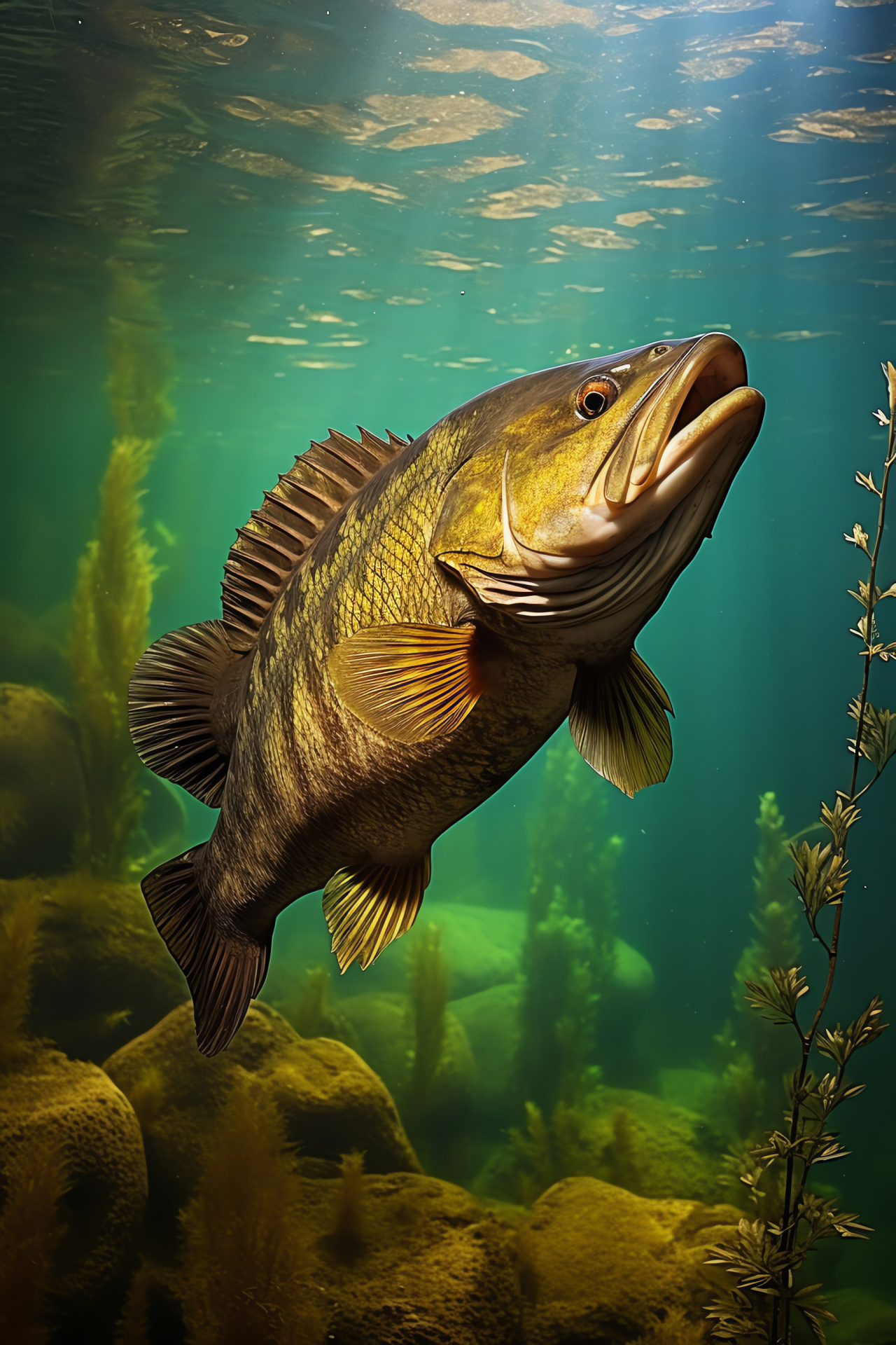 Freshwater Smallmouth Bass, Yellow-eyed fish species, Green-brown aquatic life, Gold-hued scales, Mountain lake dwelling , HD Phone Wallpaper