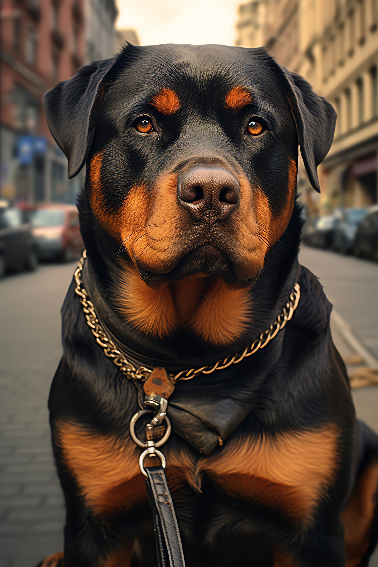 Rottweiler on duty, vigilant pet, muscular build, obedience training, urban environment, HD Phone Image