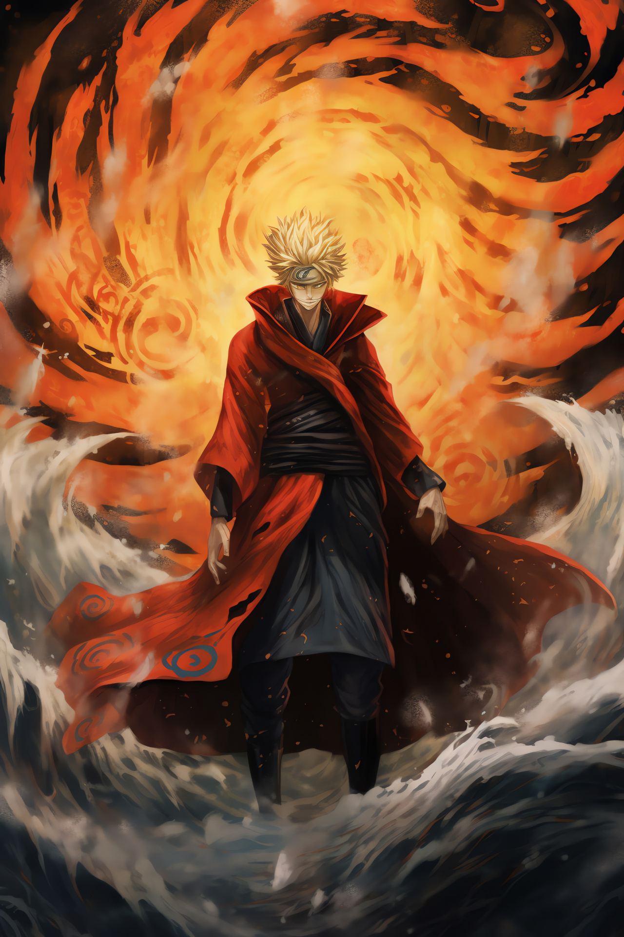 Naruto Uzumaki prowess, Nine Tails spirit, Intense energy, Protective cloak, Oceanic turbulence, HD Phone Image