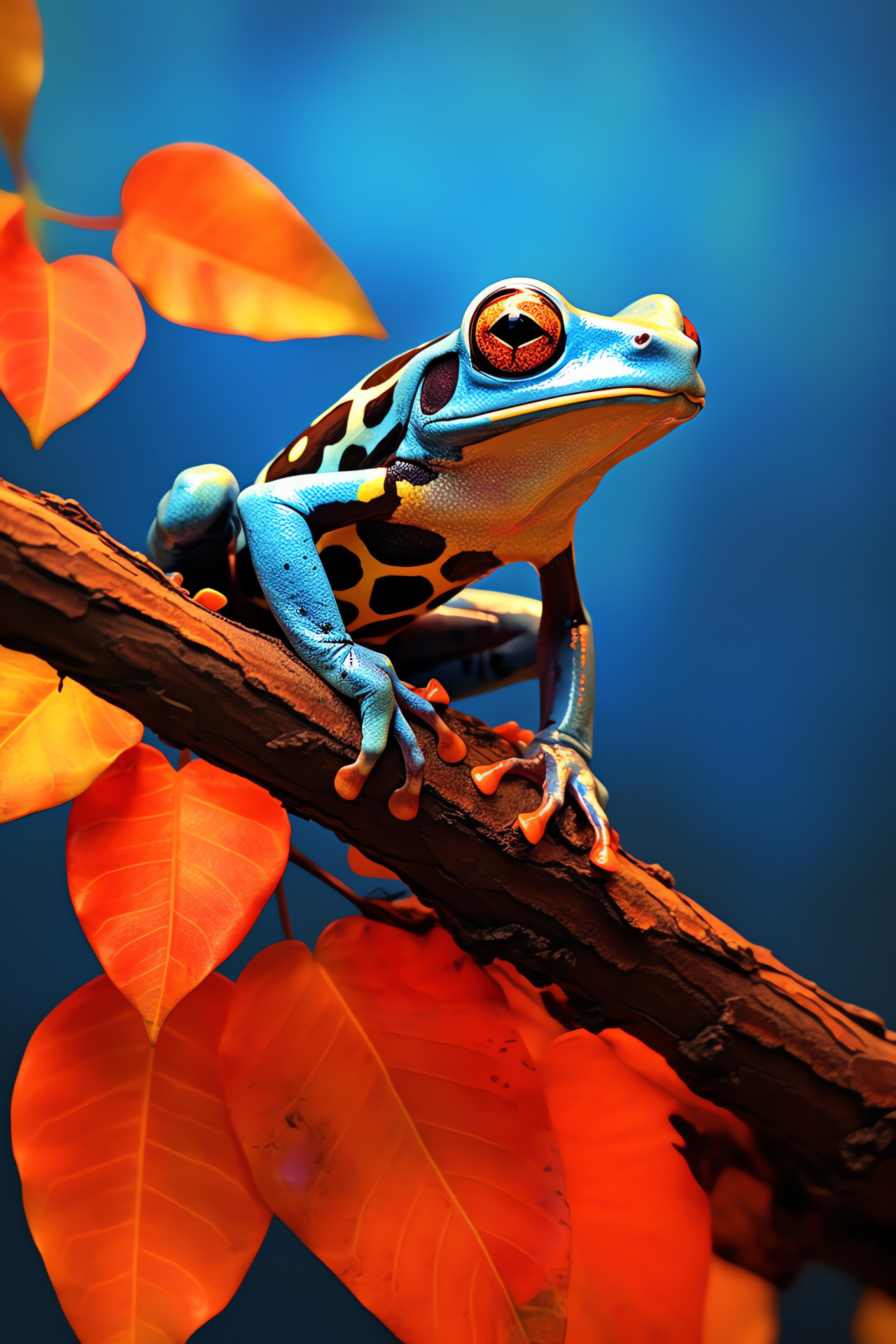 Tree frog habitat, Vibrant amphibian, Orange and black skin, Captivating animals, Tree branch life, HD Phone Wallpaper