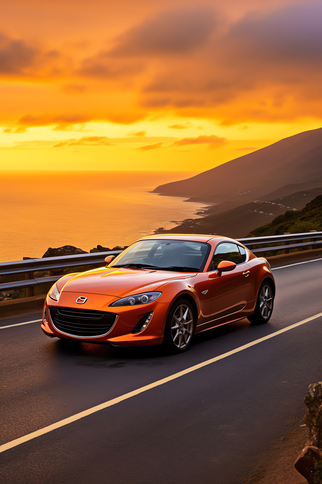 Mazda RX8 seaside, Orange paint finish, Scenic coastal drive, Evening light reflection, Sea breeze ambiance, HD Phone Image