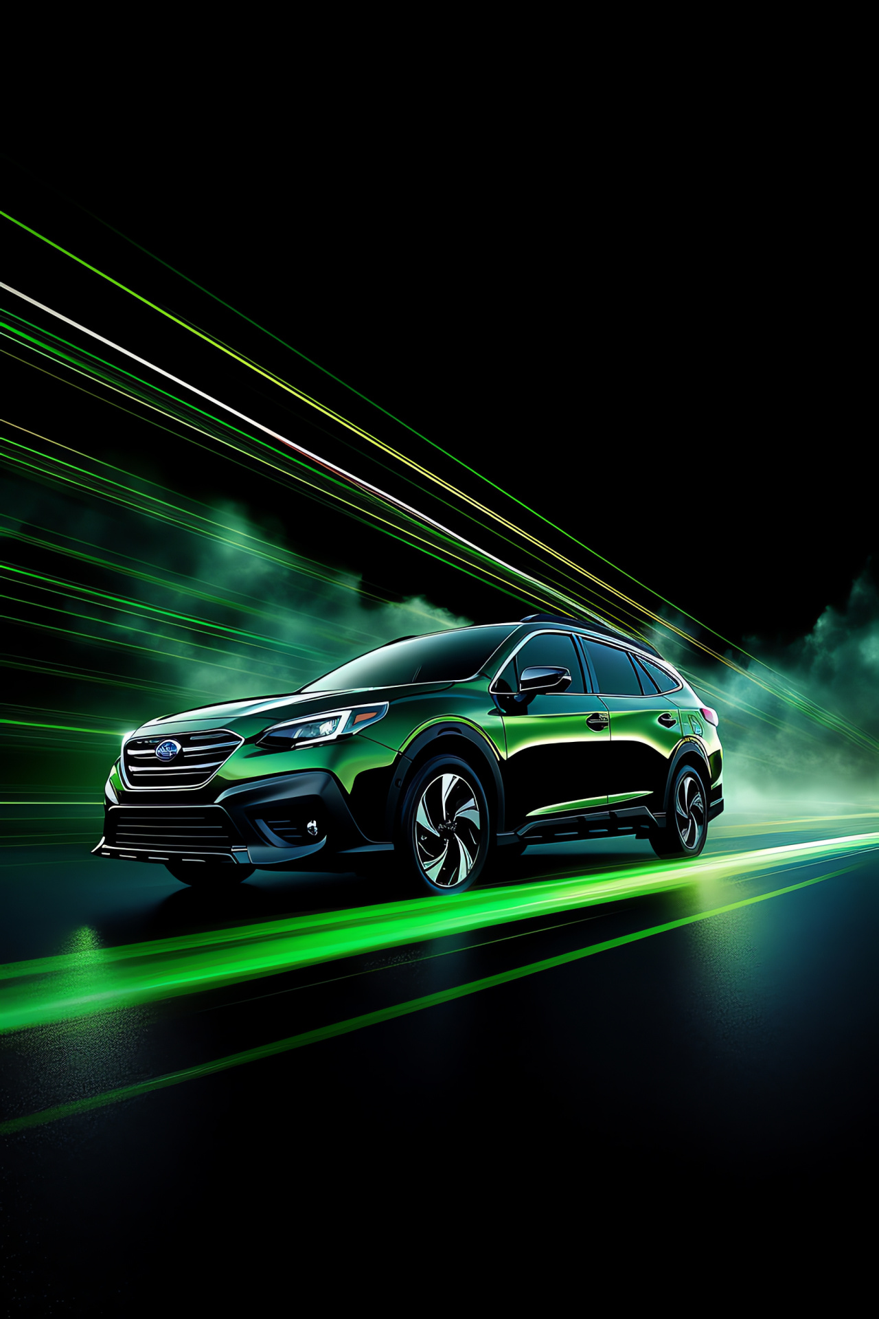 Subaru Outback profile, dynamic swirl backdrop, palette of green and black, HD Phone Wallpaper