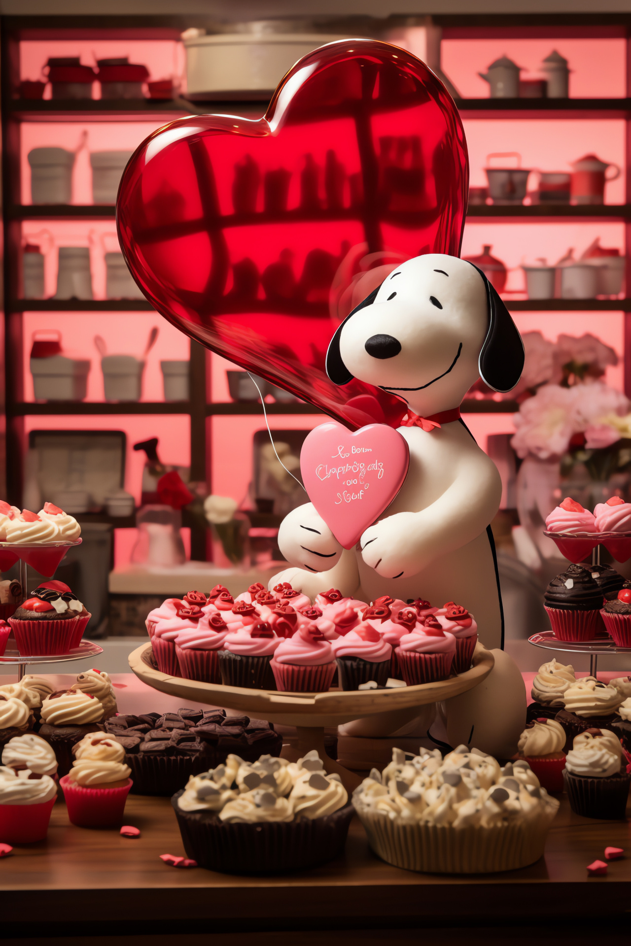 Snoopy, Busy confectionery scene, Heart motif treats, Dessert indulgence, Sweet pastry selection, HD Phone Wallpaper