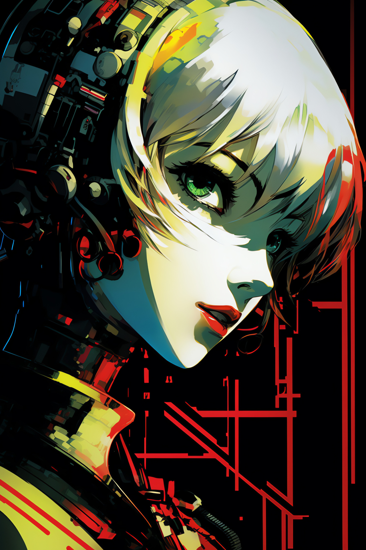 Aigis Persona 3 close-up, Verdant orbs, Attentive expression, Automaton facade, Darkened setting, HD Phone Wallpaper