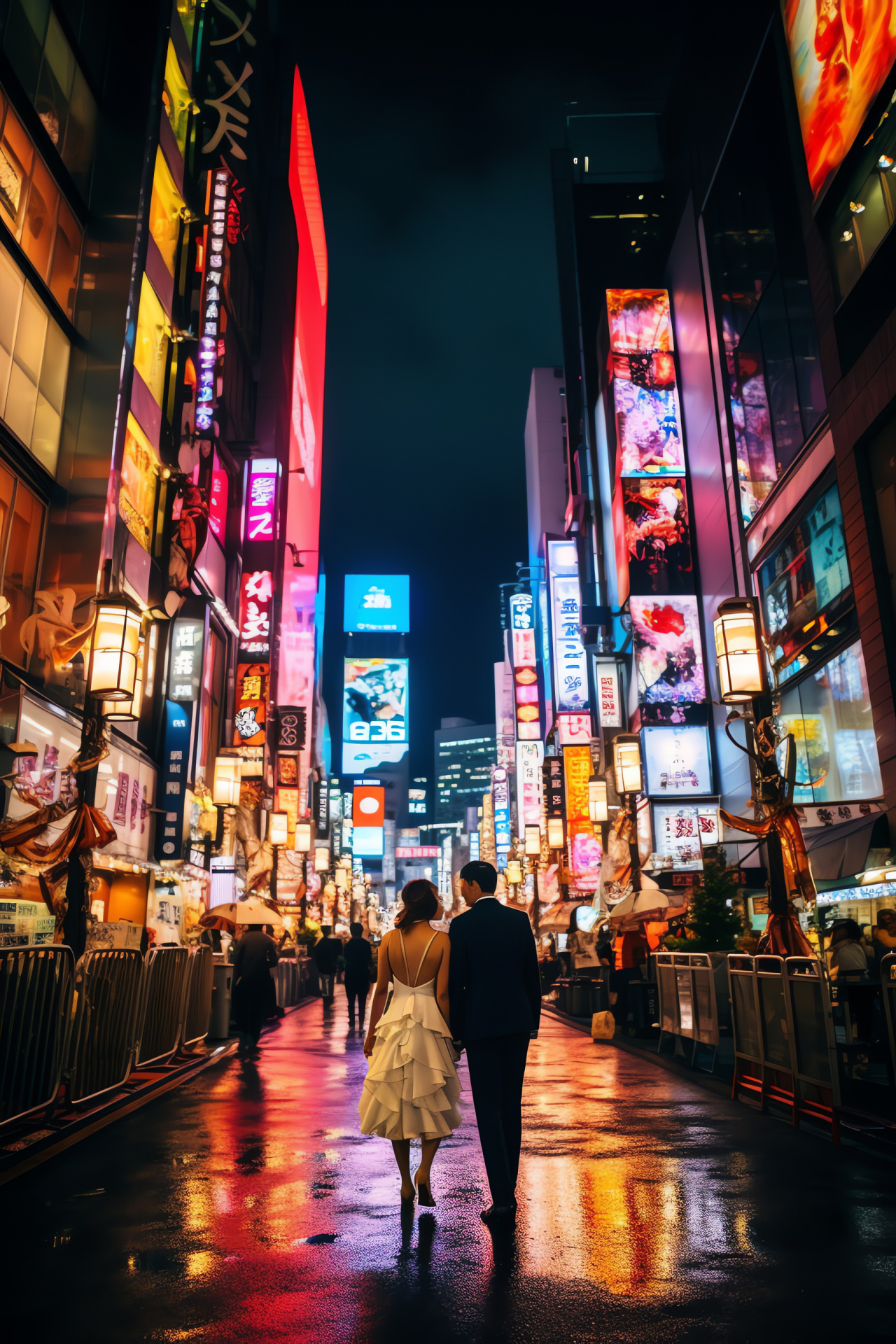 Tokyo city celebration, urban couple, illuminated Shibuya district, Japanese cosmopolitan backdrop, dazzling signage, HD Phone Wallpaper