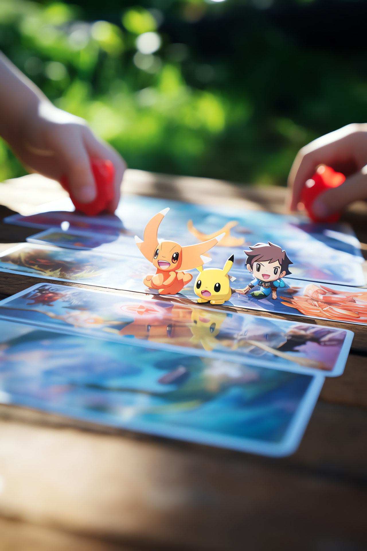 Pokemon Trading Card Game, Juvenile players, Open-air leisure, Wooden luncheon bench, Strategic play, HD Phone Wallpaper