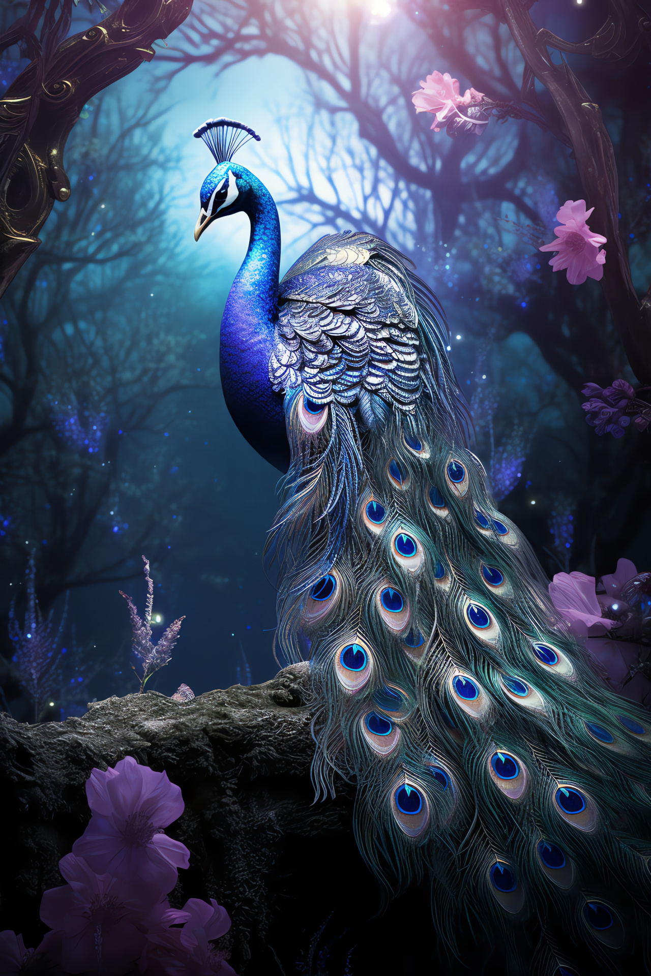 Peacock, Shimmering tail feathers, Ethereal plumes, Intricate eye patterns, Moonlit silhouette, HD Phone Wallpaper