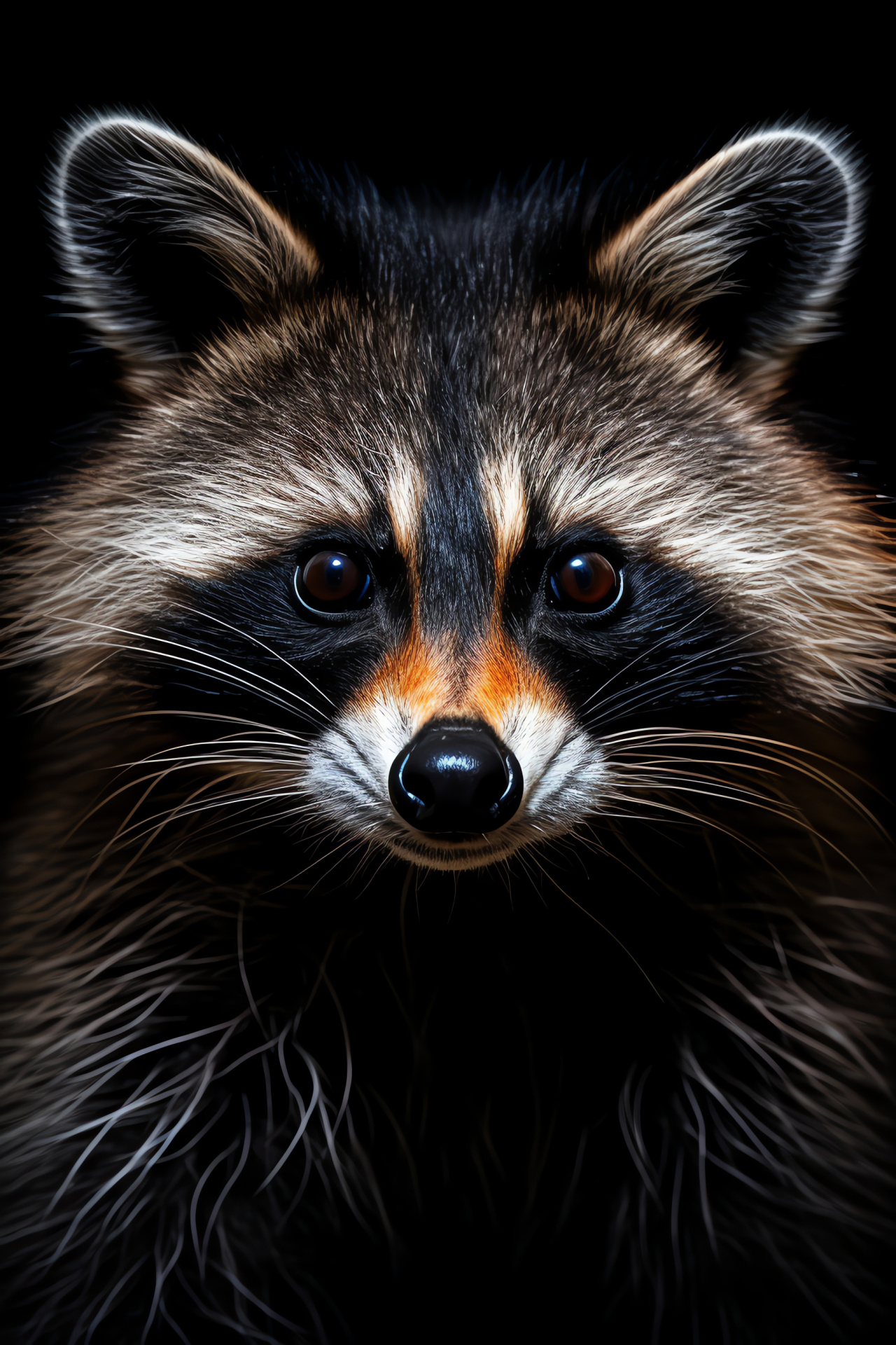 Raccoon portrait, Charcoal stripes, Glistening orange gaze, Monochromatic subtlety, Nocturnal mammal, HD Phone Image