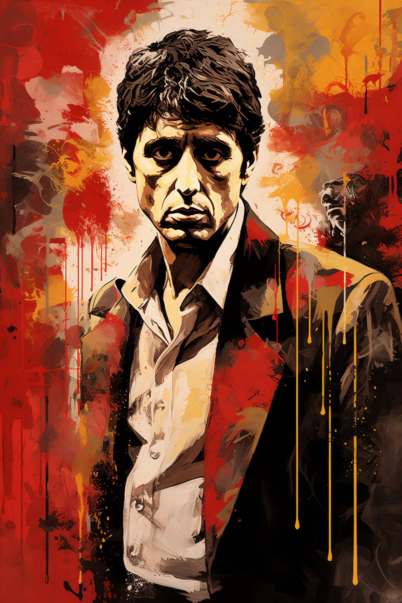 Scarface action mural, Tony Montana depicted, Al Pacino performance, Intense cinematic scene, Urban landscape art, HD Phone Wallpaper