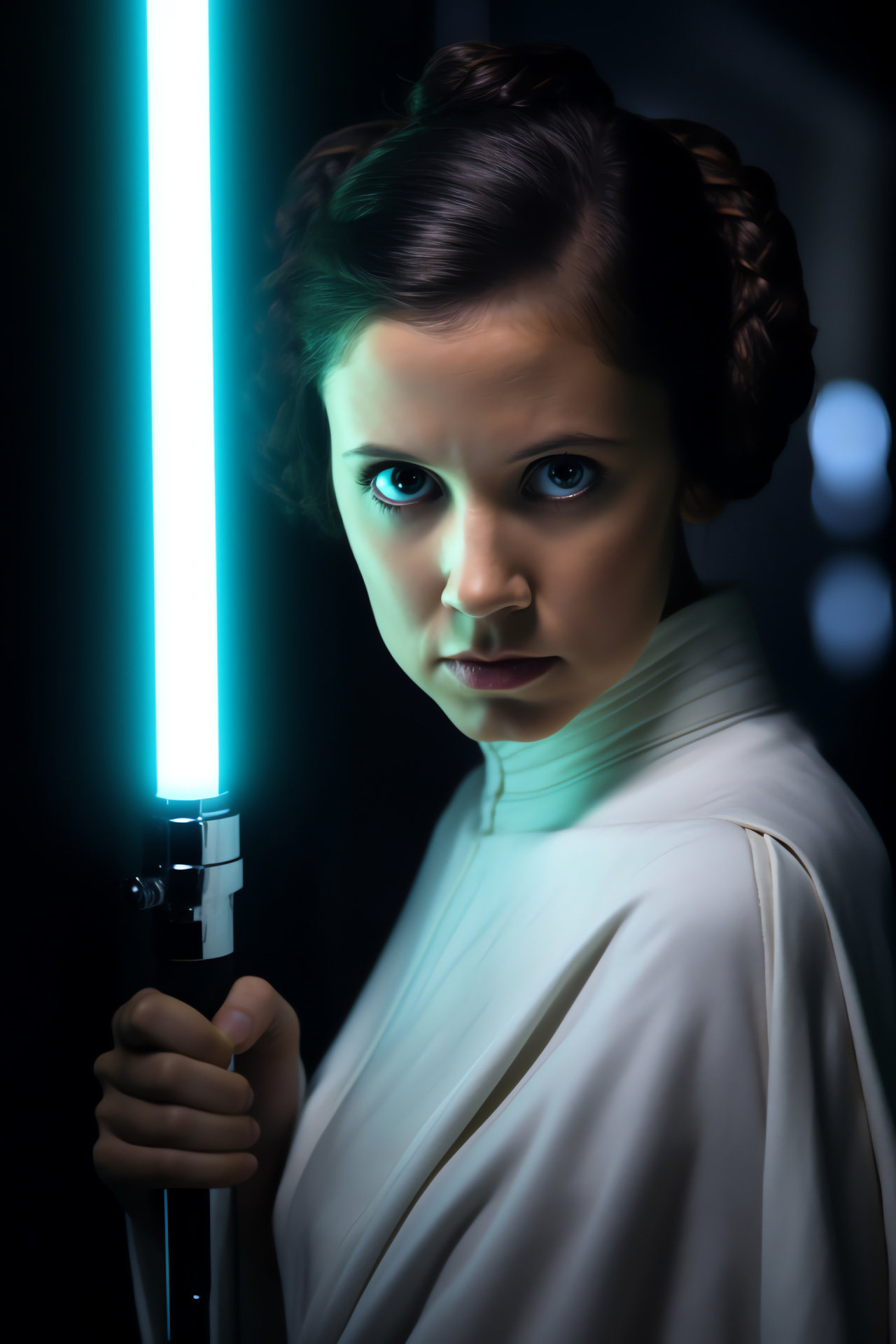 Leia Organa combat, Monochromatic costume, Character focus, Jedi weapon, Galactic battle stance, HD Phone Wallpaper