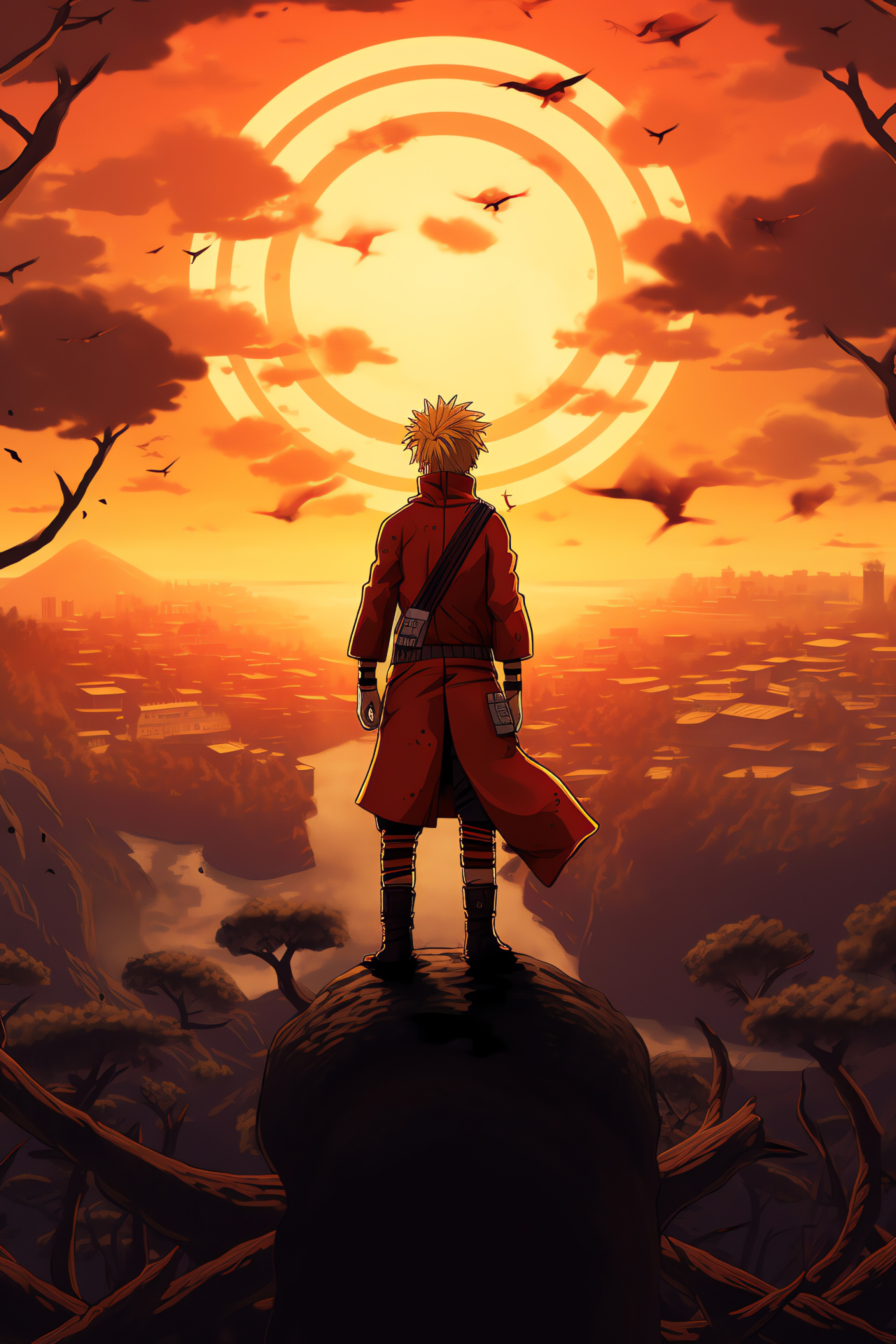 Anime hero Naruto, Hokage Monument landmark, Konoha village setting, Eventide skies, Amber tones, HD Phone Image