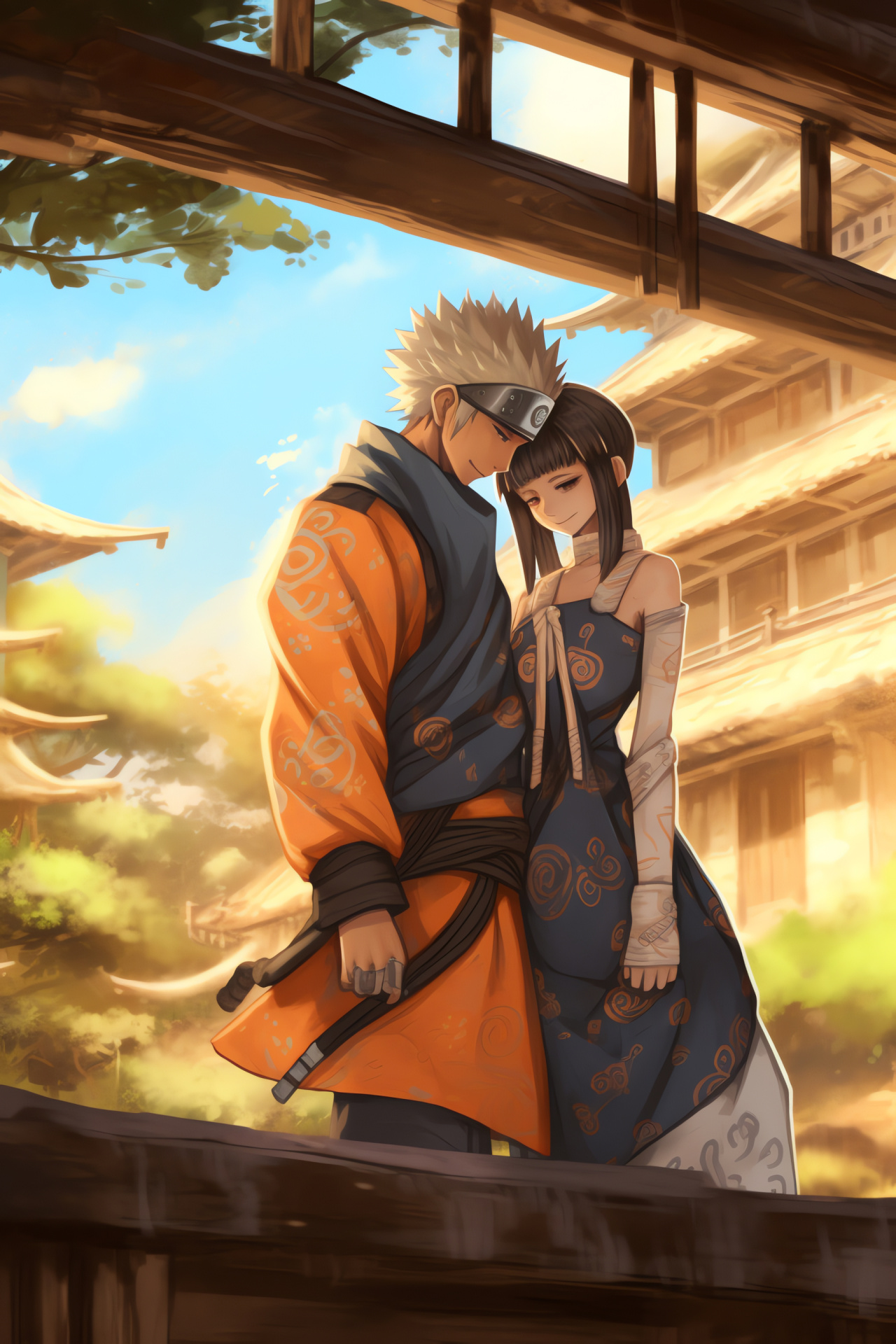 Devoted anime couple, Manga scene, Iconic characters, Japanese horticulture, Water calmness, HD Phone Image