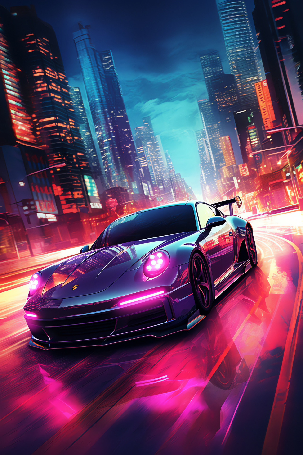 Porsche 911 Urban Sky, Cityscape heights, Neon cyber aesthetics, Futuristic ambiance, High-tech Porsche, HD Phone Image