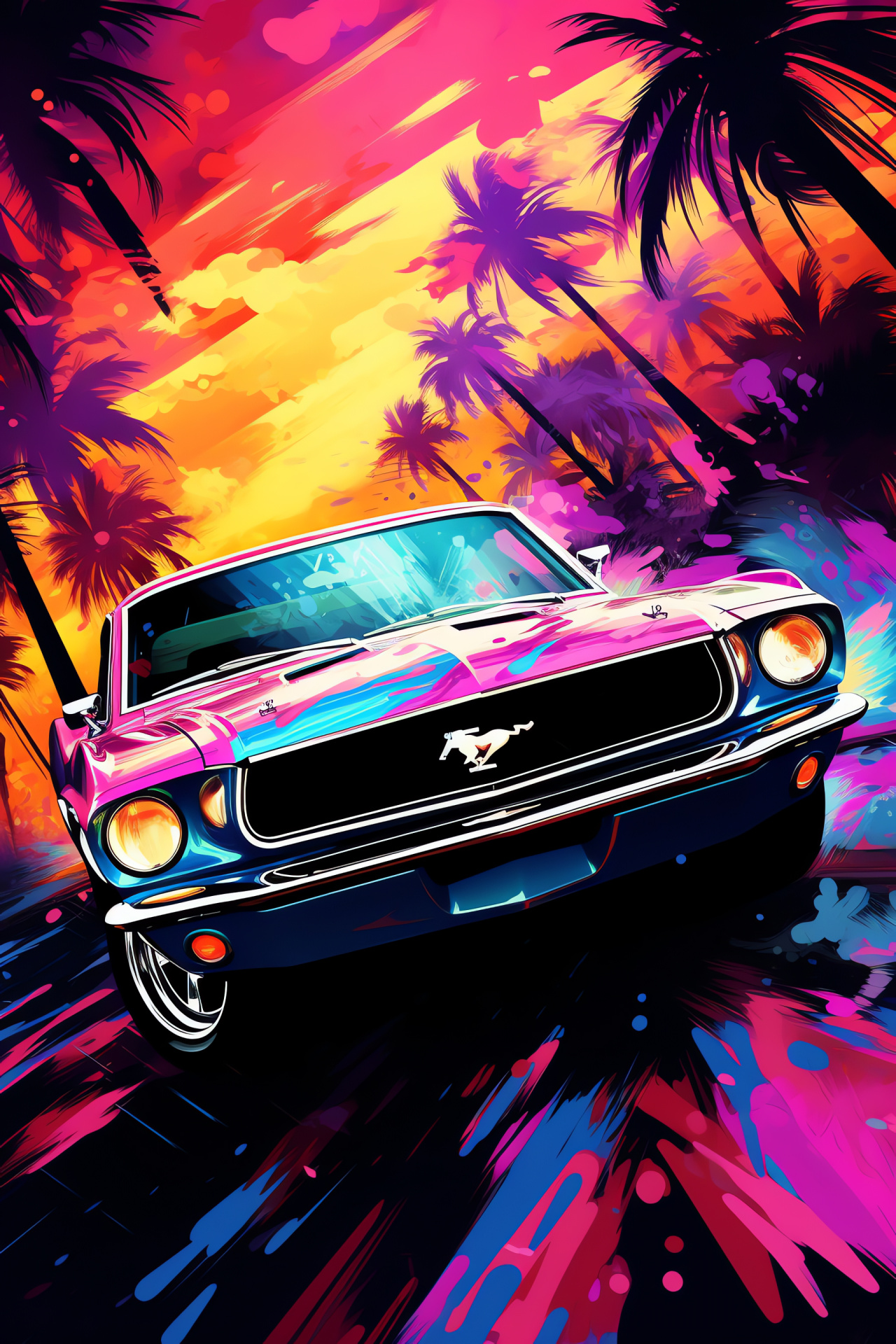 Automotive detail, Psychedelic visual, Abstract car art, Mustang close-up, Vibrant painting, HD Phone Image