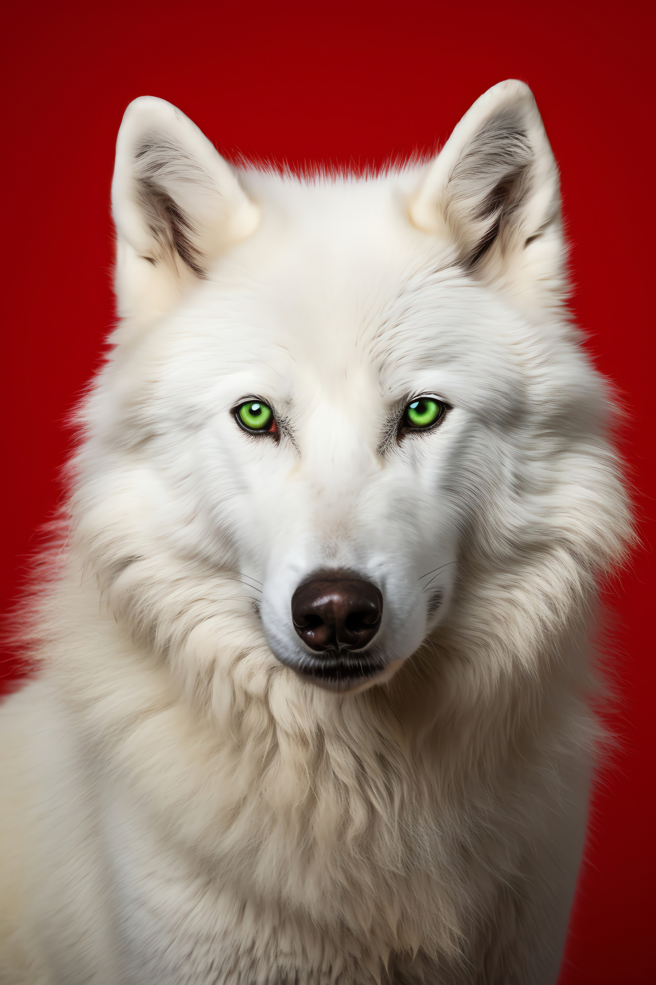 White Wolf, red vignette, ivory fur, hypnotic verdure eyes, formidable presence, HD Phone Image