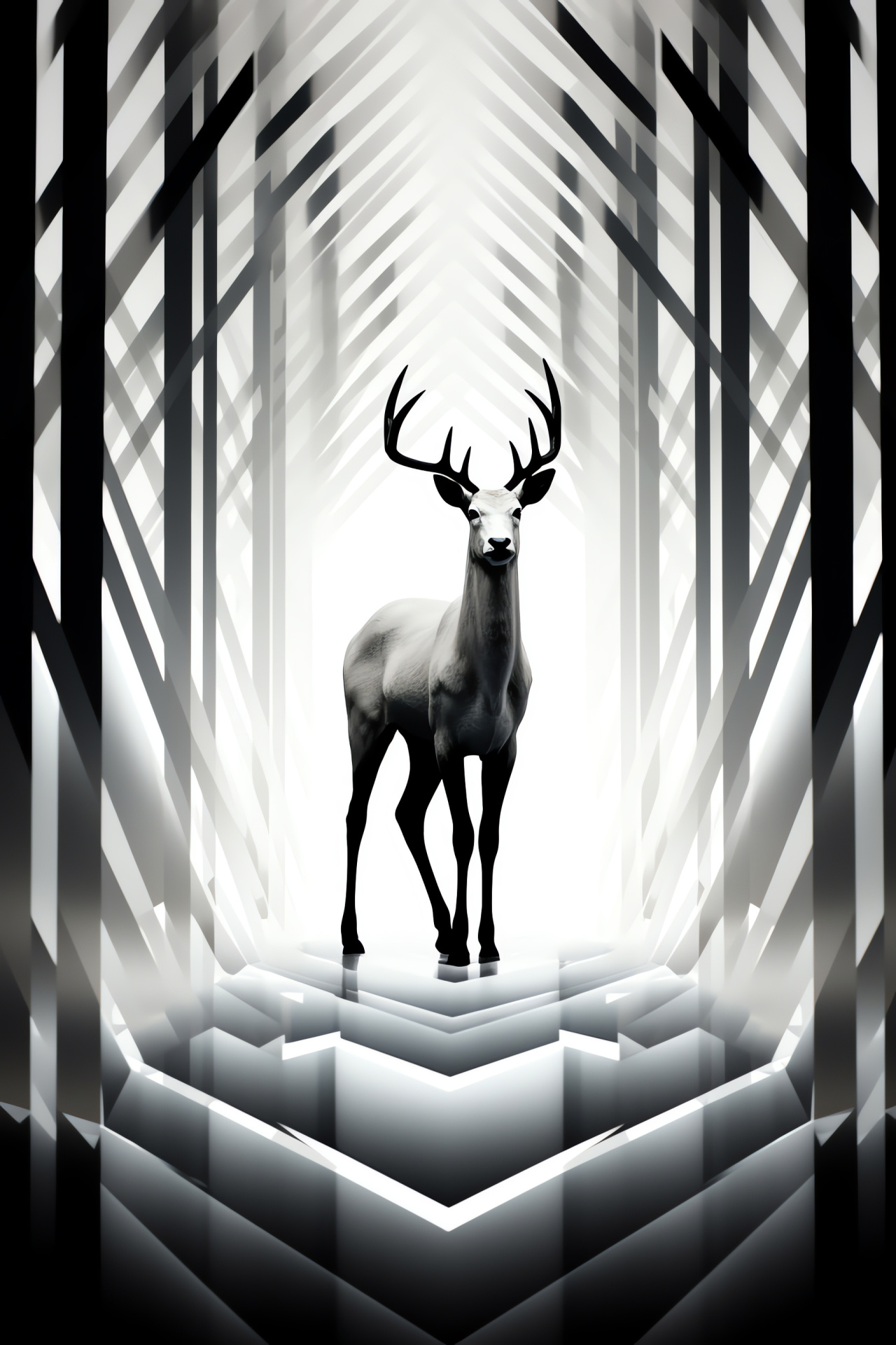 Reindeer essence, Geometric backdrop, Monochrome patterns, Graceful mammal, White fur elegance, HD Phone Wallpaper