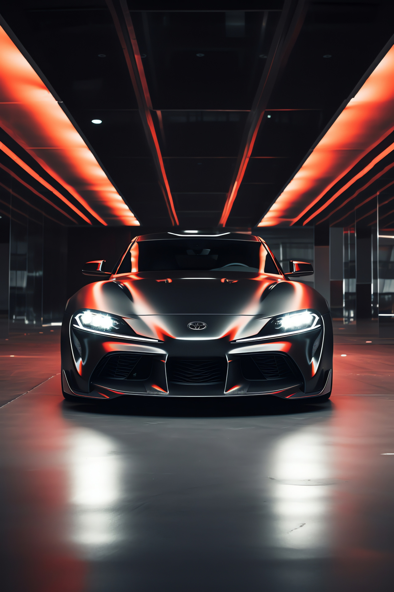 Toyota Supra sports car, Underground lot setting, GR A90 profile, Automotive design, Illumination detailing, HD Phone Wallpaper