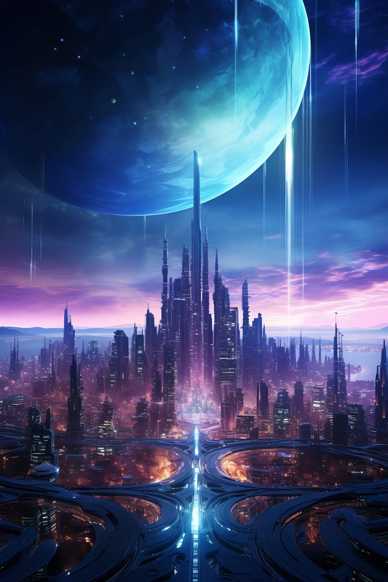 Futuristic metropolis, Space theme, Advanced architecture, Vertical cities, Illuminated skyline, HD Phone Image