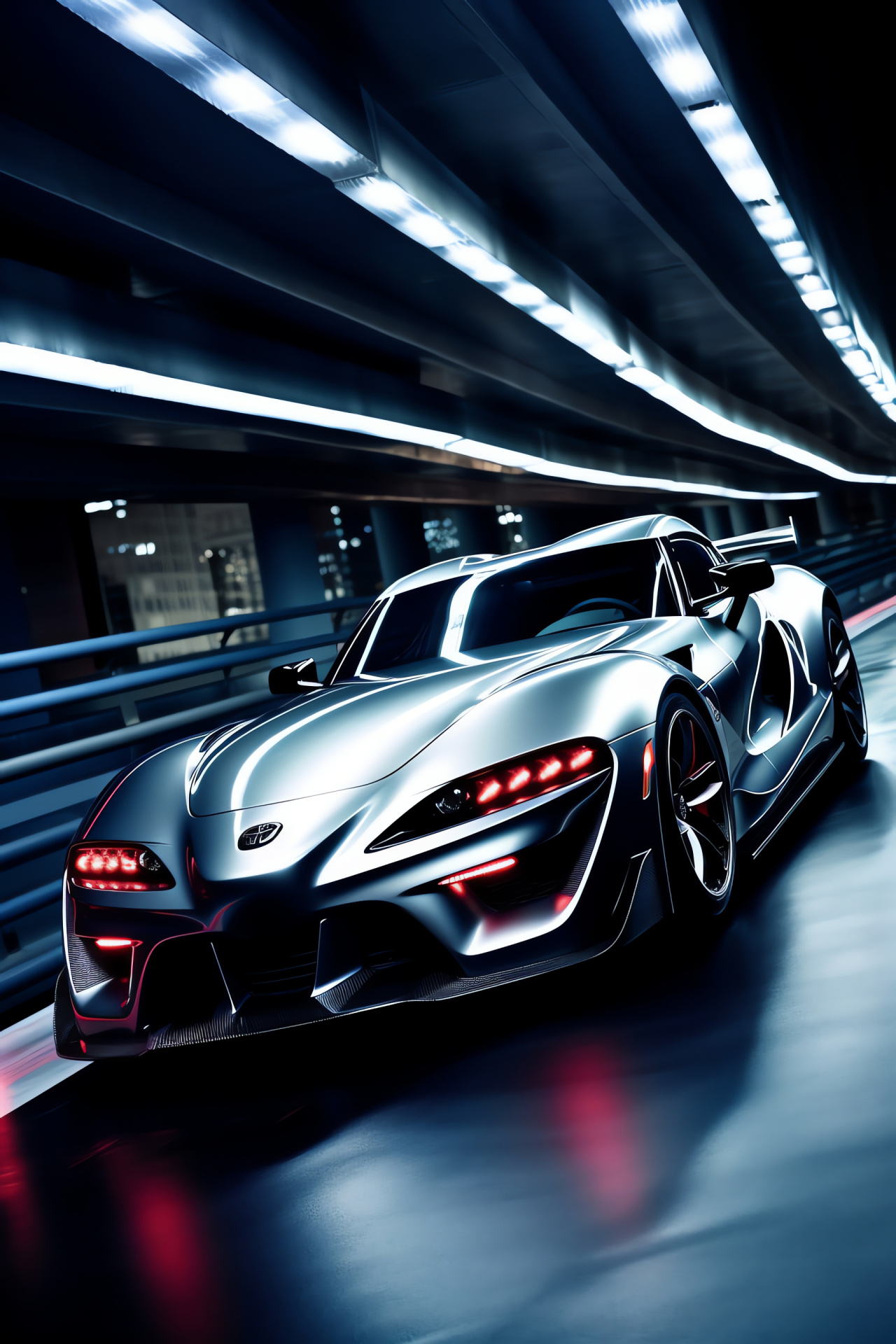 Toyota Supra A80 Twin Turbo, Neon city vibes, Advanced metropolis transport, Silver auto sophistication, Nighttime urban fascination, HD Phone Wallpaper