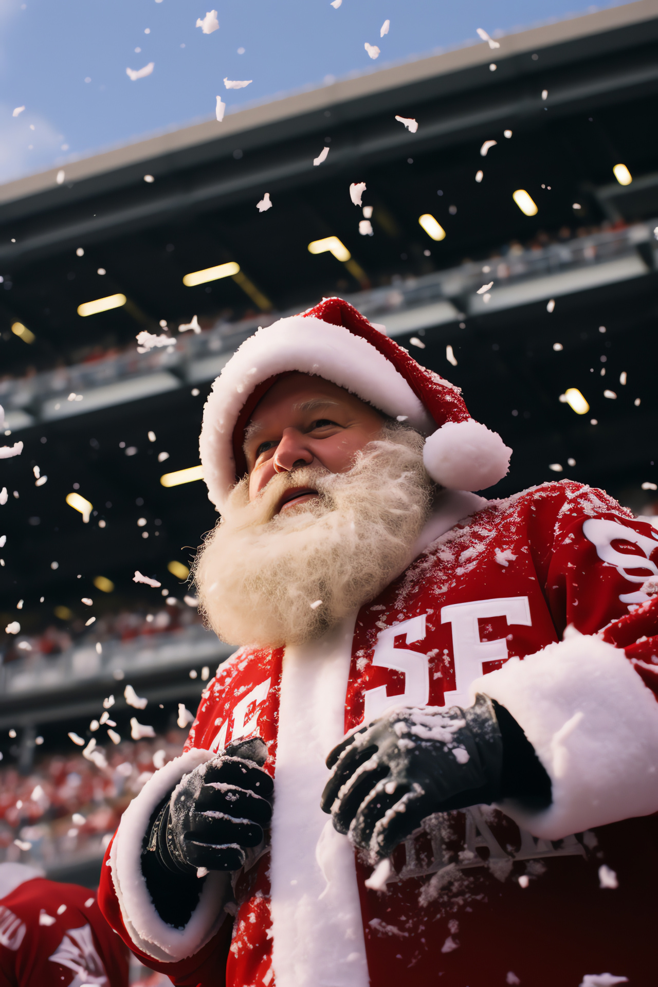 NFL holiday spirit, stadium festivities, fans in festive attire, game day traditions, halftime enjoyment, HD Phone Image