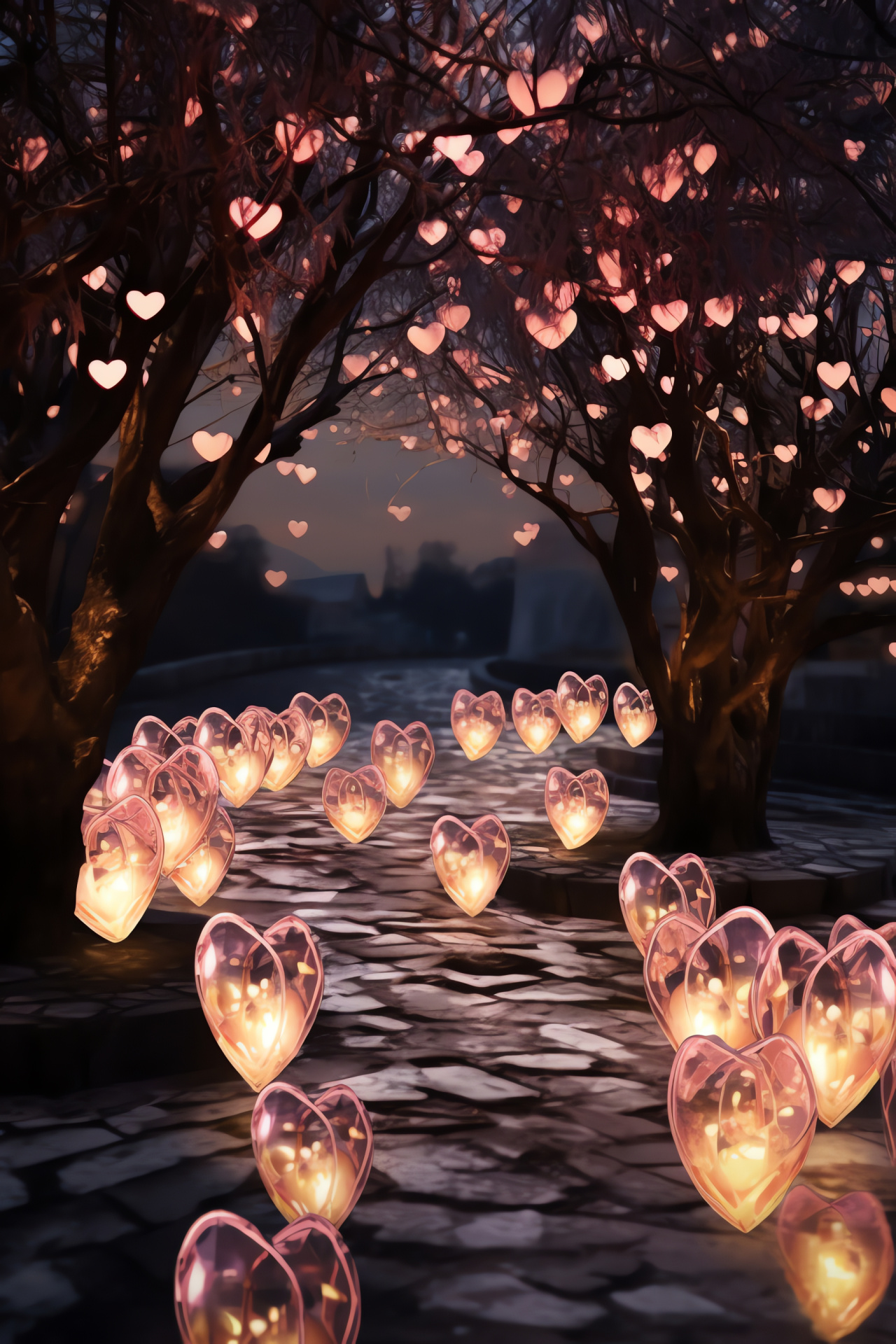 Valentines Day, Romantic decor, Illuminated paths, Garden foliage, Romantic ambiance, HD Phone Wallpaper