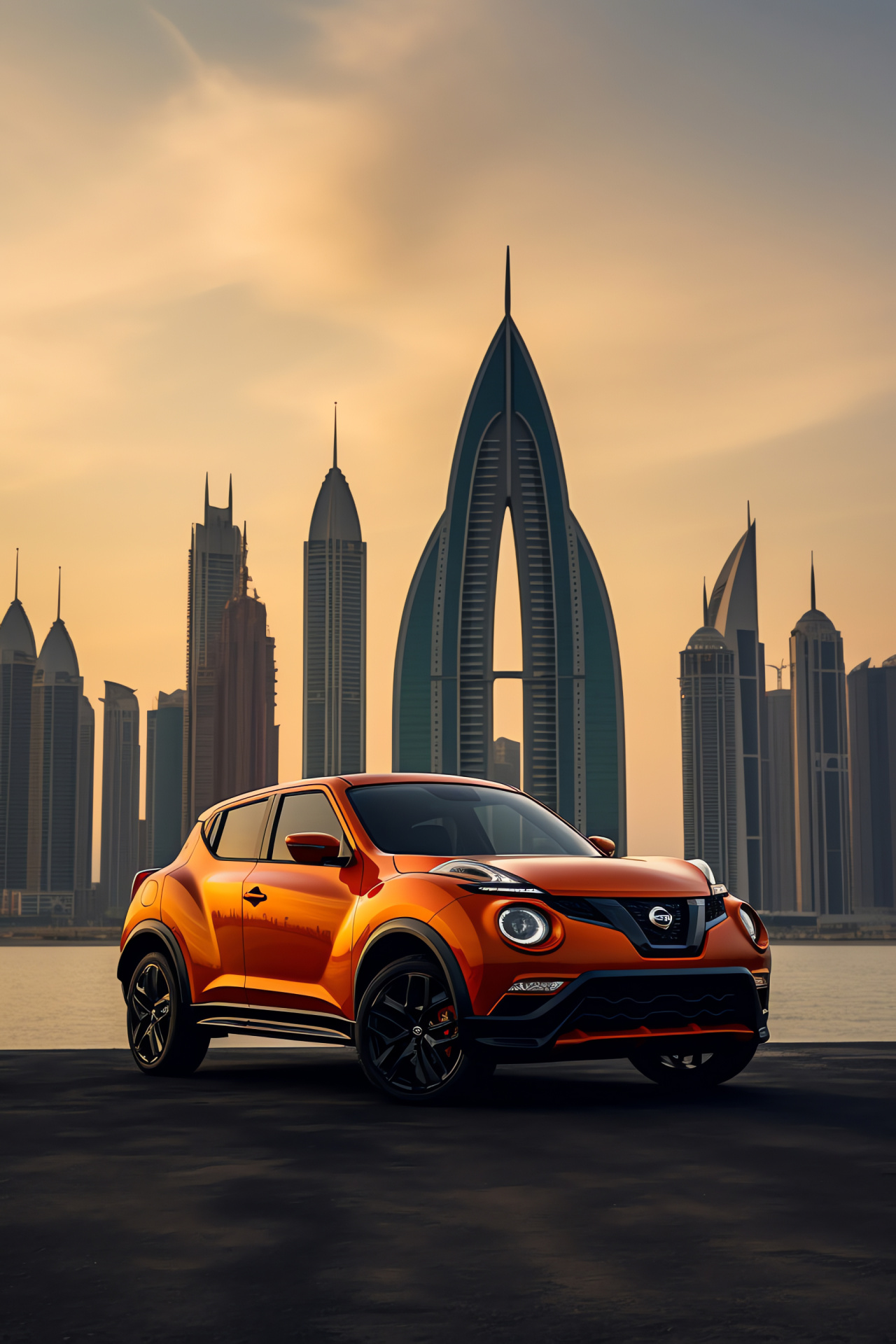 Nismo Juke-R, Middle Eastern luxury, Tangerine coat, Skyscraper silhouette, Unique crossover, HD Phone Image