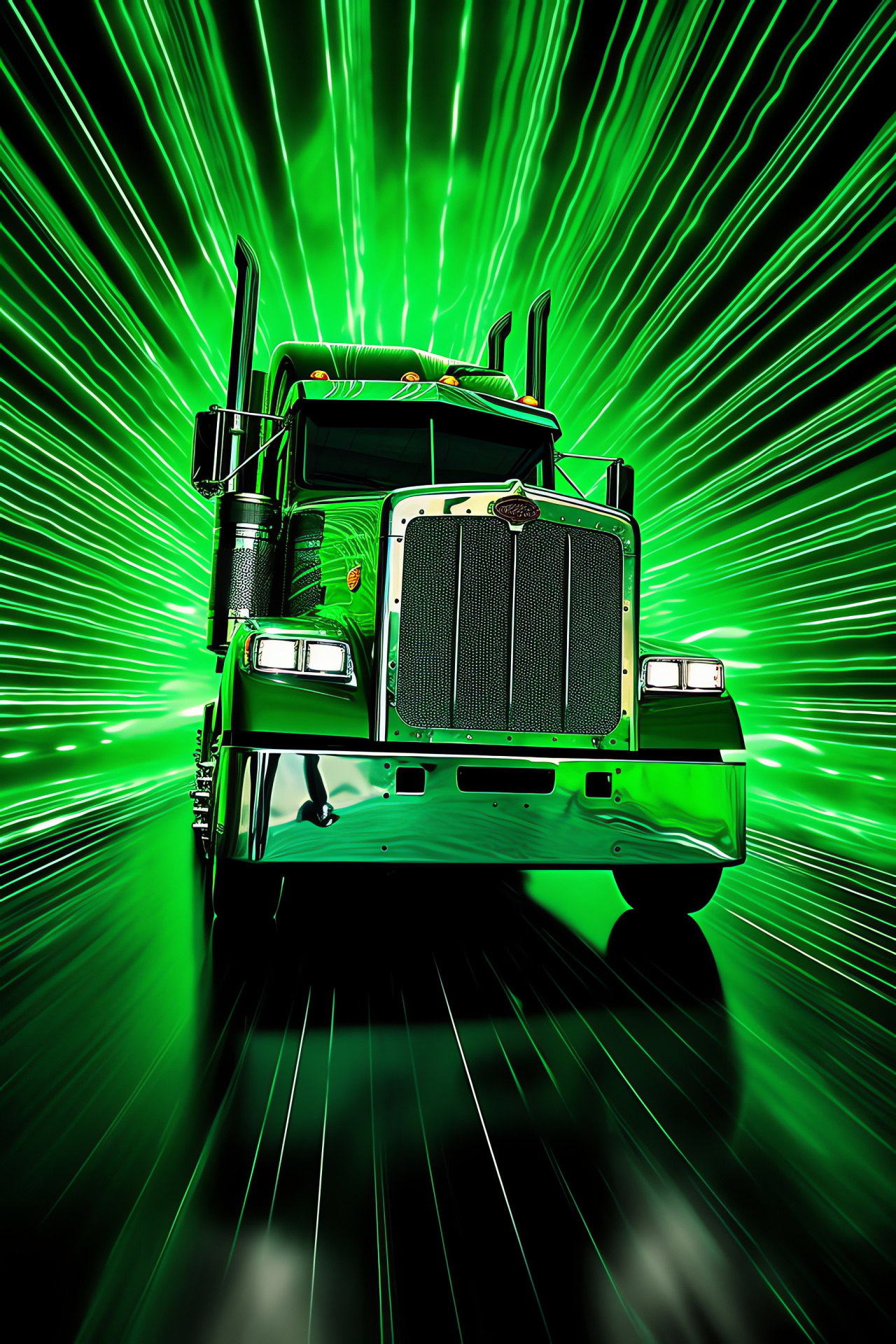 Peterbilt 389 Semi Truck, High-angle capture, Luminous green hue, Smooth line art, Heavy-duty vehicle, HD Phone Image