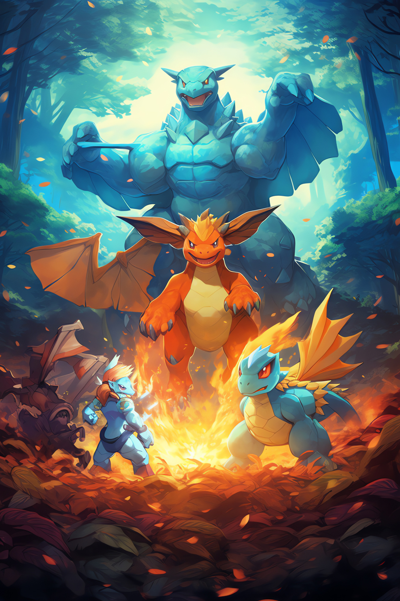 Charizard in Misty Forest, Blastoise hydro power, Venusaur sun synthesis, Pokemon environment, HD Phone Wallpaper