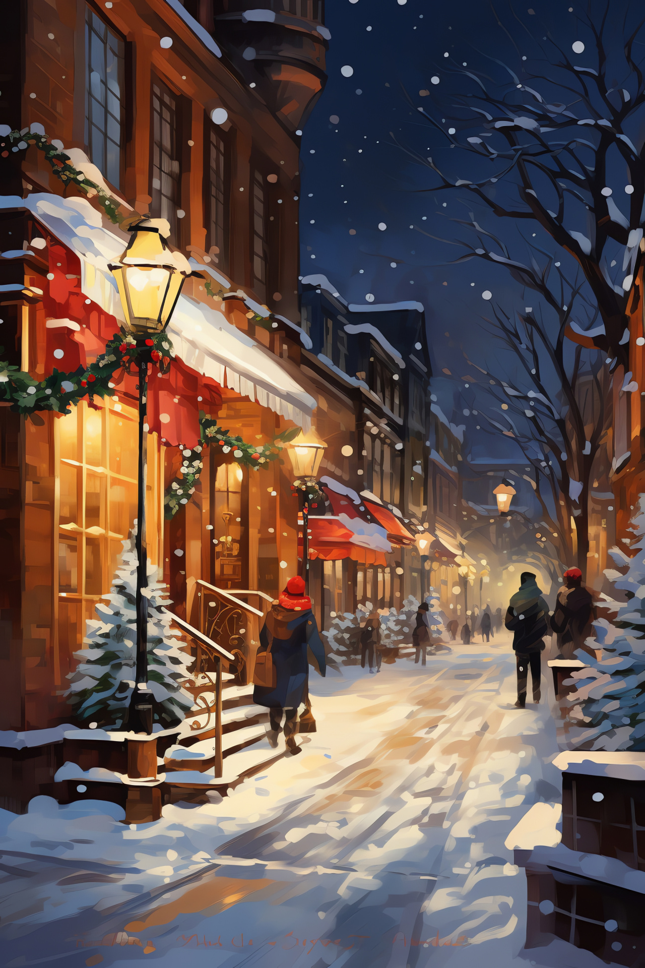 Noel illumination, Wintry dusk, Township lane, Boutique storefronts, Bistro row, HD Phone Image