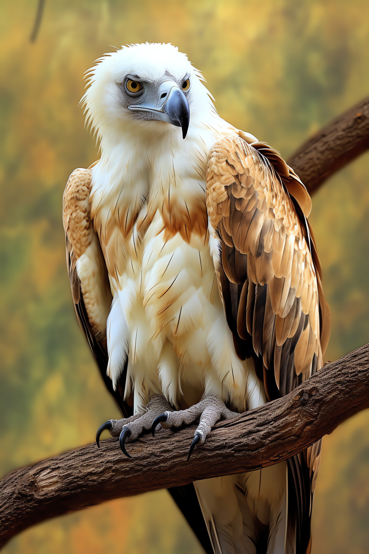 Carrion bird perched, Vulture brown-white feathers, Tree branch roosting, Bird predator two-tone setting, Avian scavenger, HD Phone Image