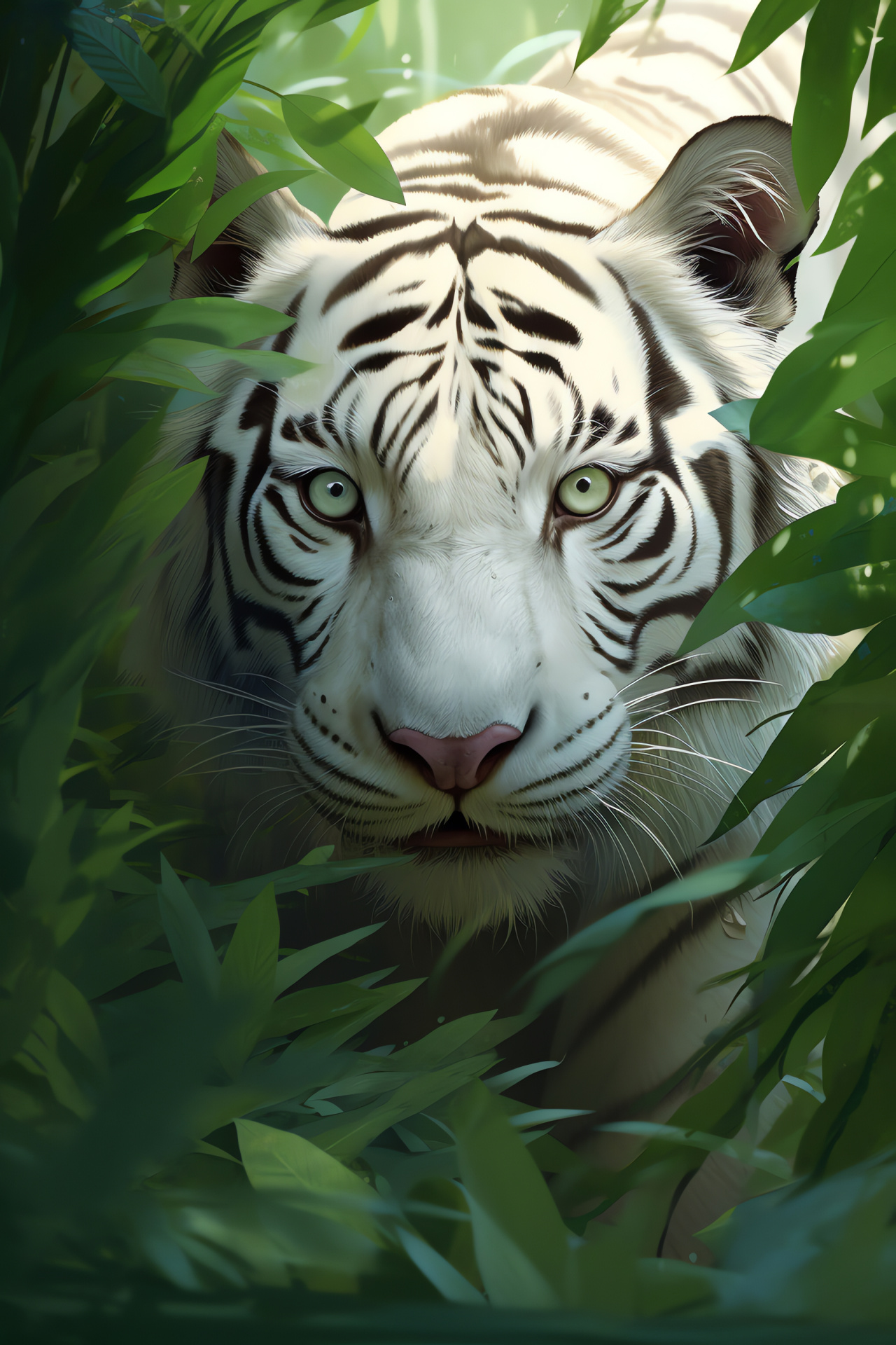 White Tiger, Emerald gaze, Dense bamboo, Stealthy approach, Jungle stripes, HD Phone Wallpaper