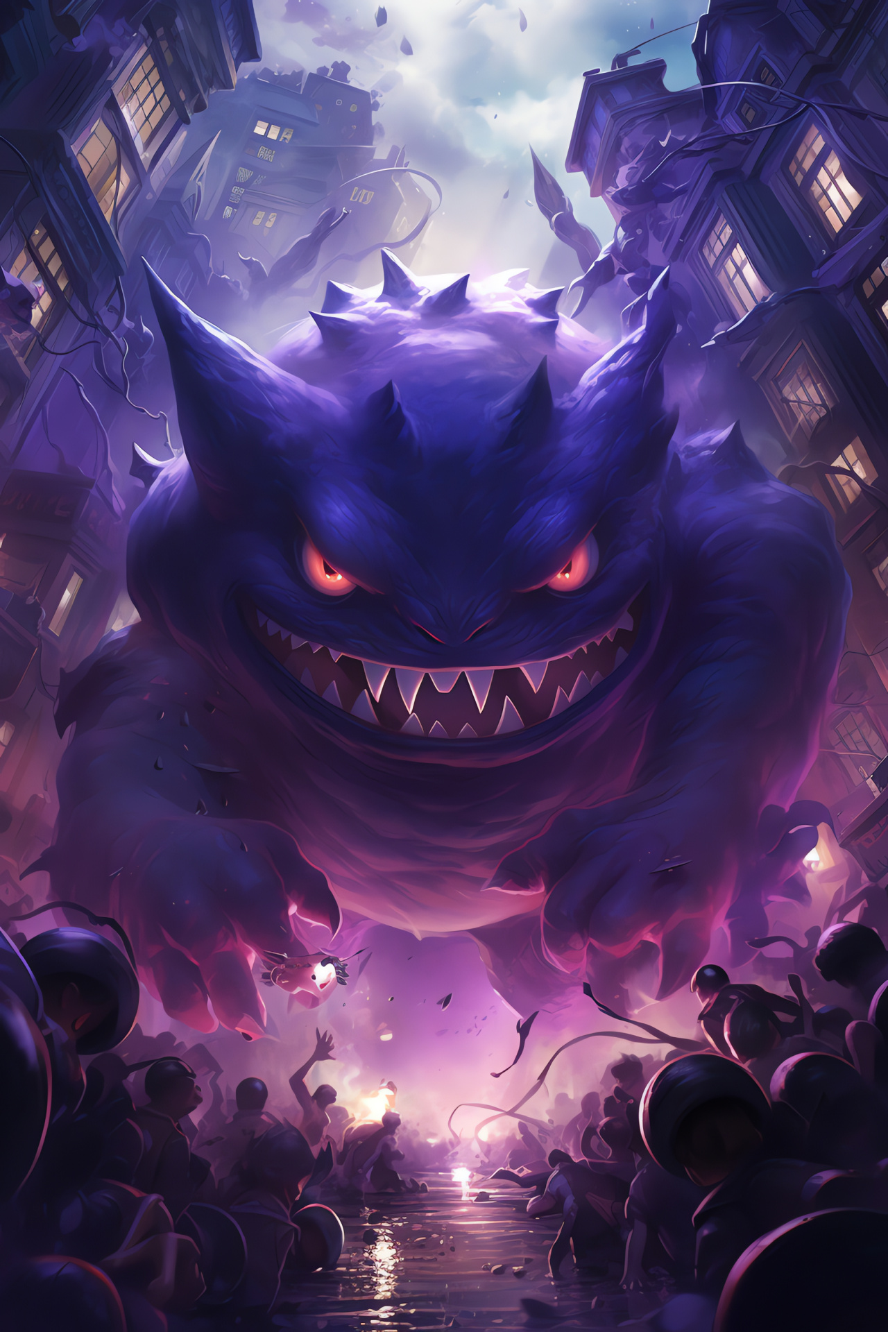 Mega Gengar presence, Urban exploration, Lavender haze, Ghastly smile, Viola fog, HD Phone Wallpaper