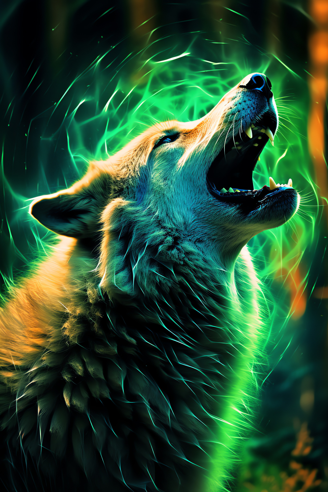 Wolf haunting call, Enigmatic lupine scene, Nocturnal predator aura, Vibrant backdrop colors, HD Phone Image