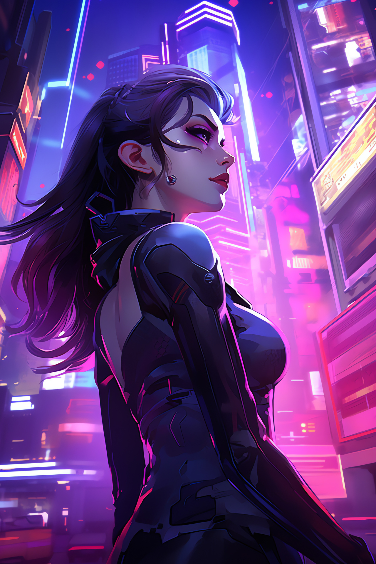 Overwatch sniper Widowmaker, Futuristic Busan backdrop, Neon urban structures, Virtual HUDs, Gamer's battleground, HD Phone Image