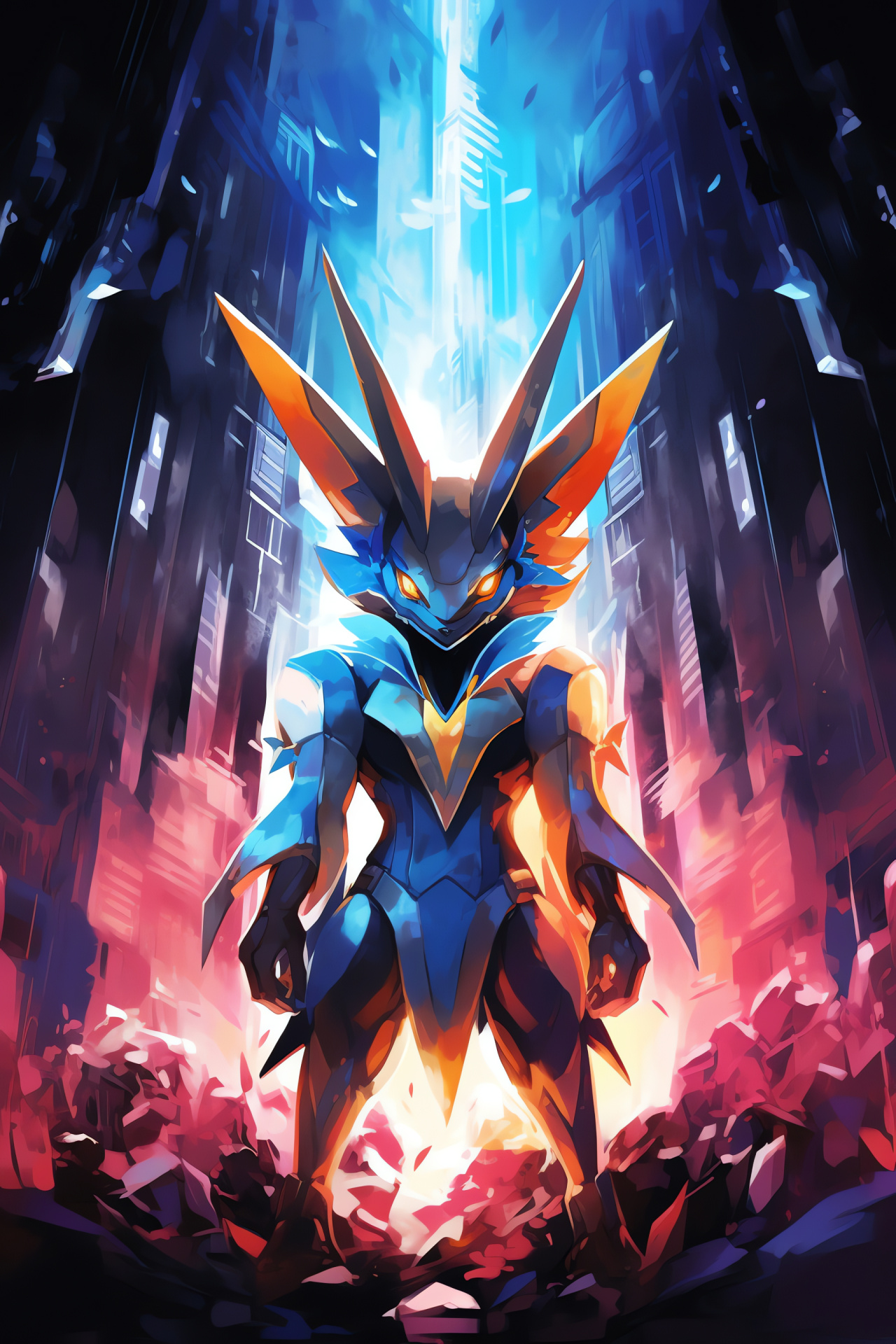 Pokemon Mega Lucario, Metropolis scenery, Skyline backdrop, Metallurgical extremities, Luminous boulevards, HD Phone Wallpaper