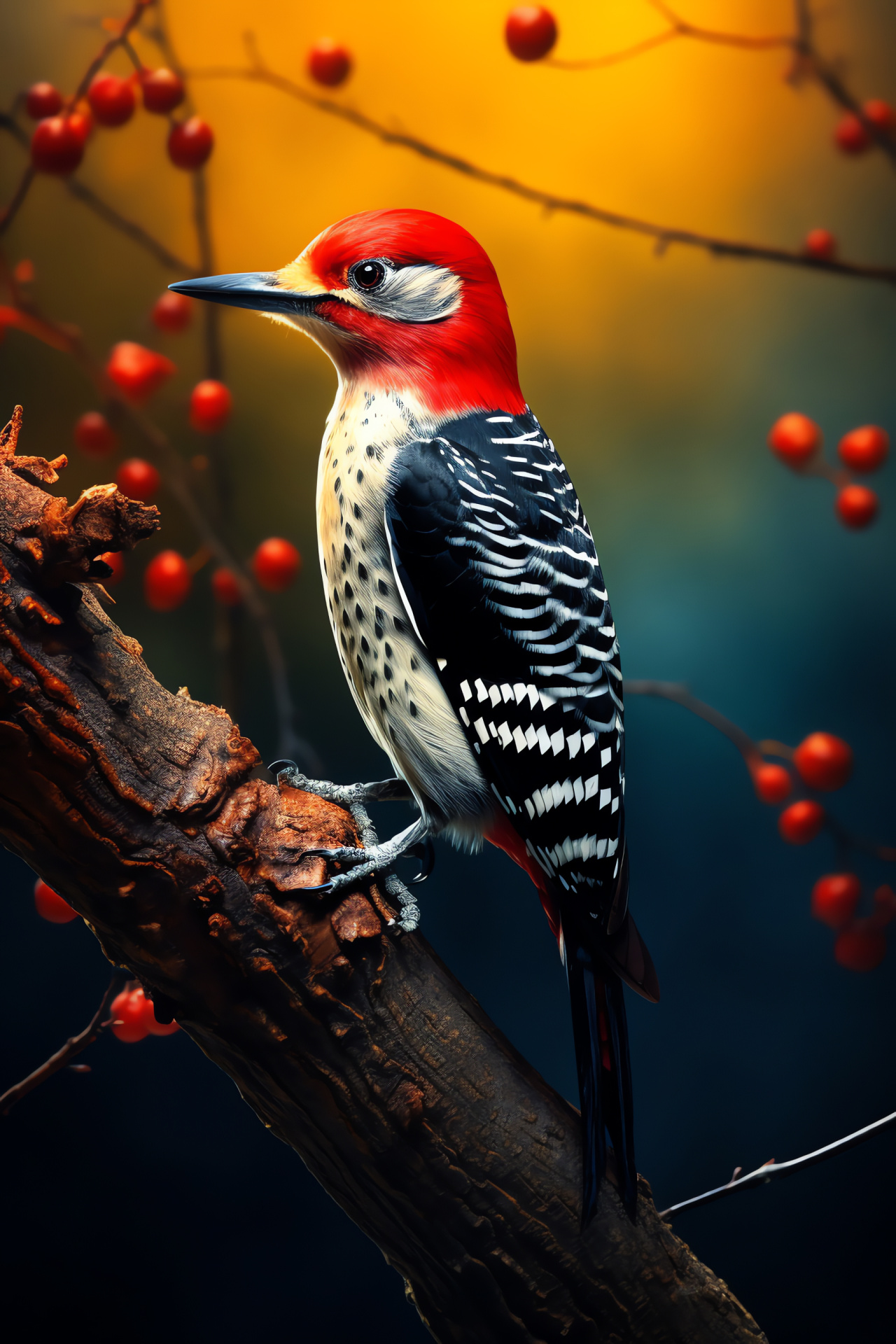 Woodpecker, ornithological specimen, tricolor scene, vivid head tuft, avian bill, HD Phone Wallpaper