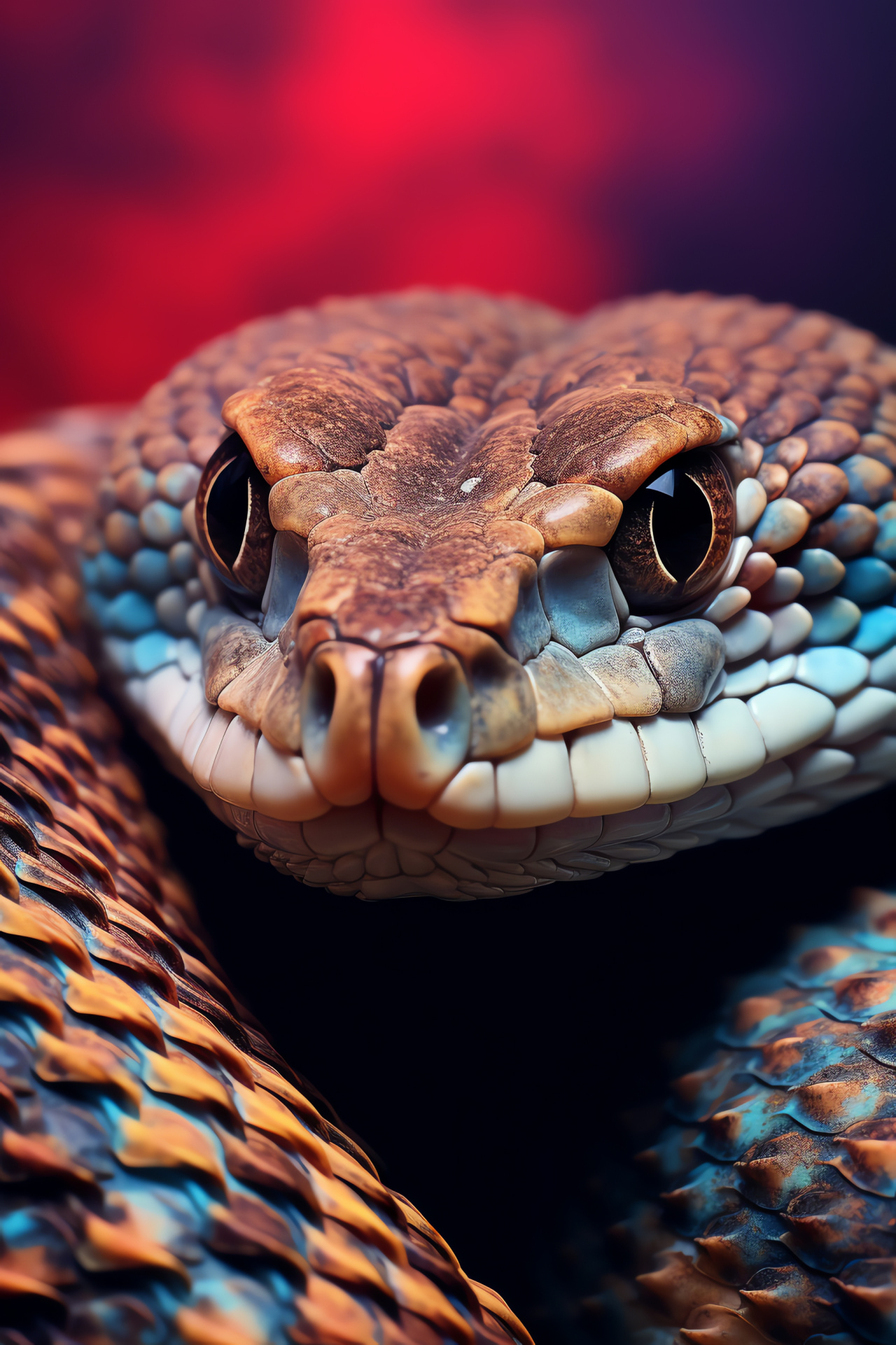 Rattlesnake in motion, Snake triple-color backdrop, Rattlesnake intense look, Reptile warning posture, Snake HD, HD Phone Wallpaper