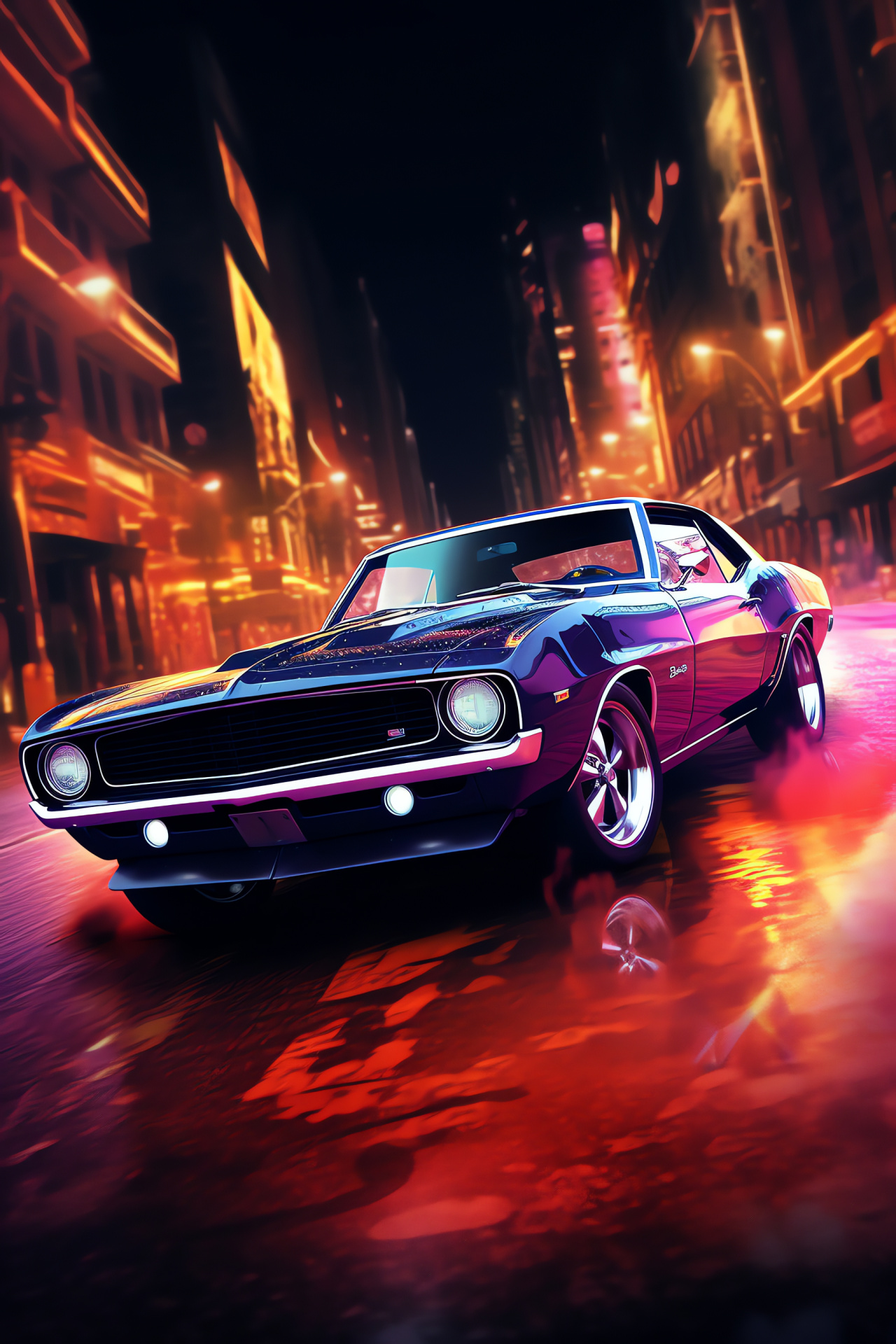 American muscle car, urban setting, nighttime illumination, street life atmosphere, vivid urban aura, HD Phone Image